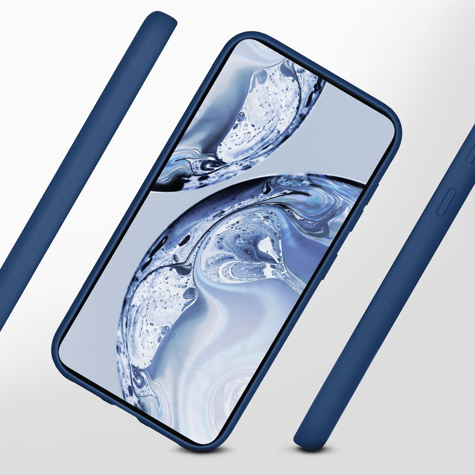 Blaue Handyhülle mit Bildschirm und zwei Seiten. Blau-weißer Hintergrund.