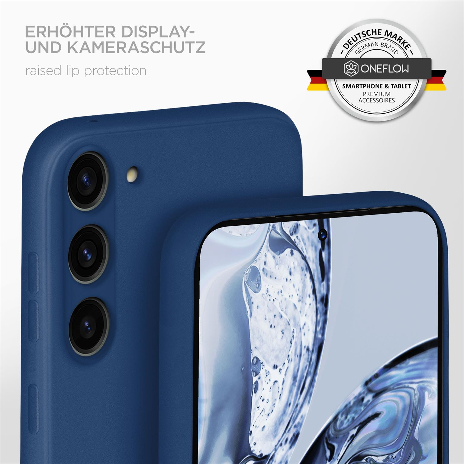 Blaue Handyhülle neben einem Telefon mit drei Kameras. Text: erhöhter Lippenschutz und ein Logo.