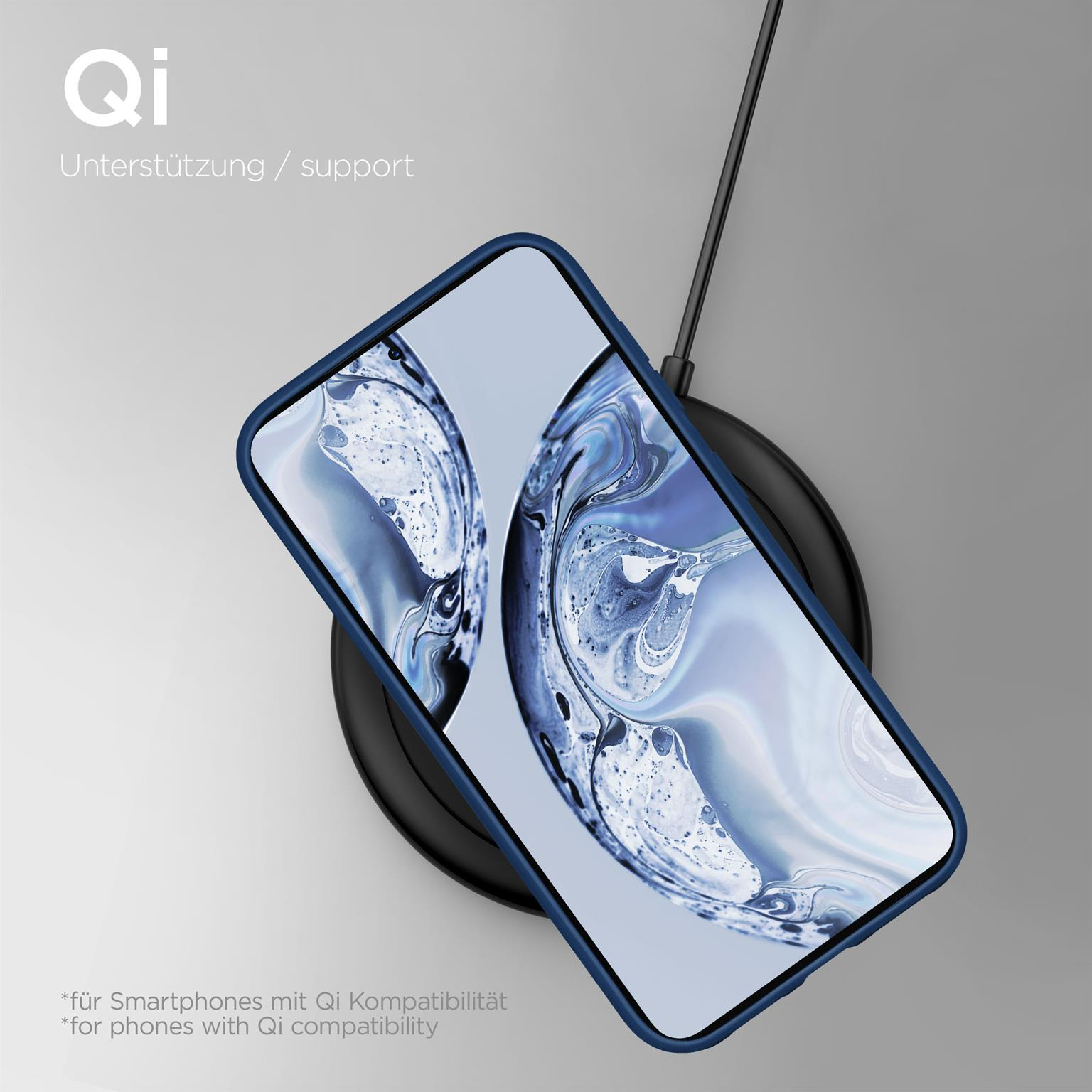 Ein Telefon in einer blauen Hülle liegt auf einem kabellosen Ladegerät. Text: Qi-Unterstützung/support. Hintergrund ist hellgrau.