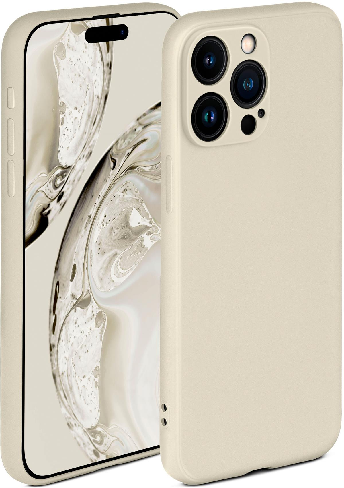 Beige Handyhülle und Telefon. Das Telefon hat mehrere Kameralinsen, die Hülle ist offen.