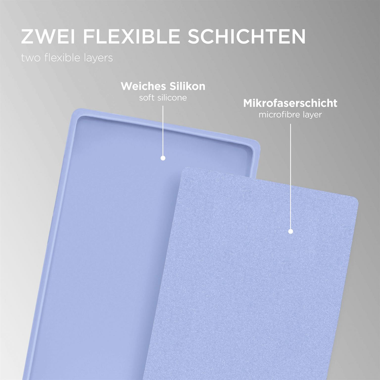 Zwei-Schichten-Handyhülle, weiches Silikon und Mikrofaser, hellblau.