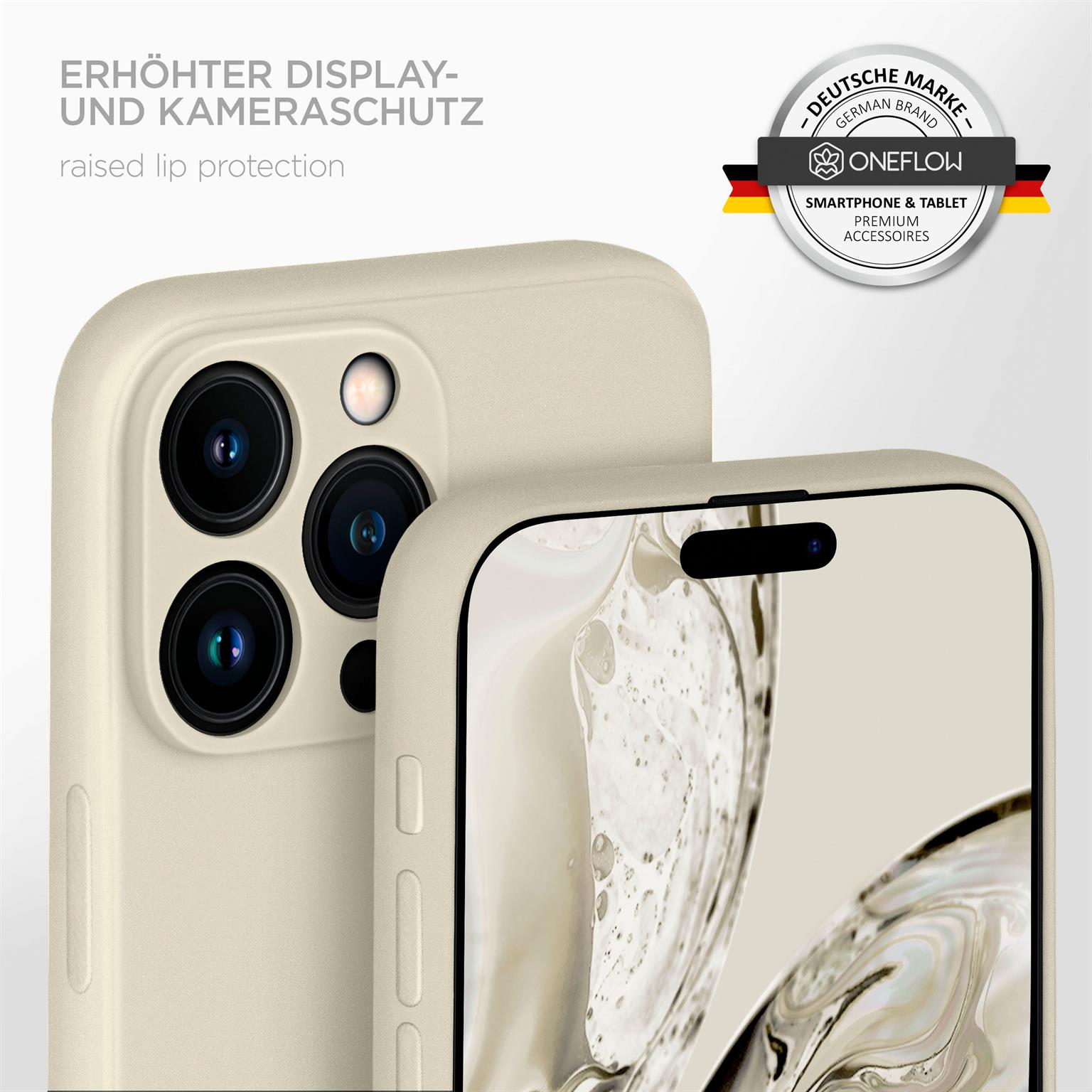 Nahaufnahme von Handyhüllen. Eine beige, die andere zeigt den Bildschirm. Die Hülle hat Kameraschutz.