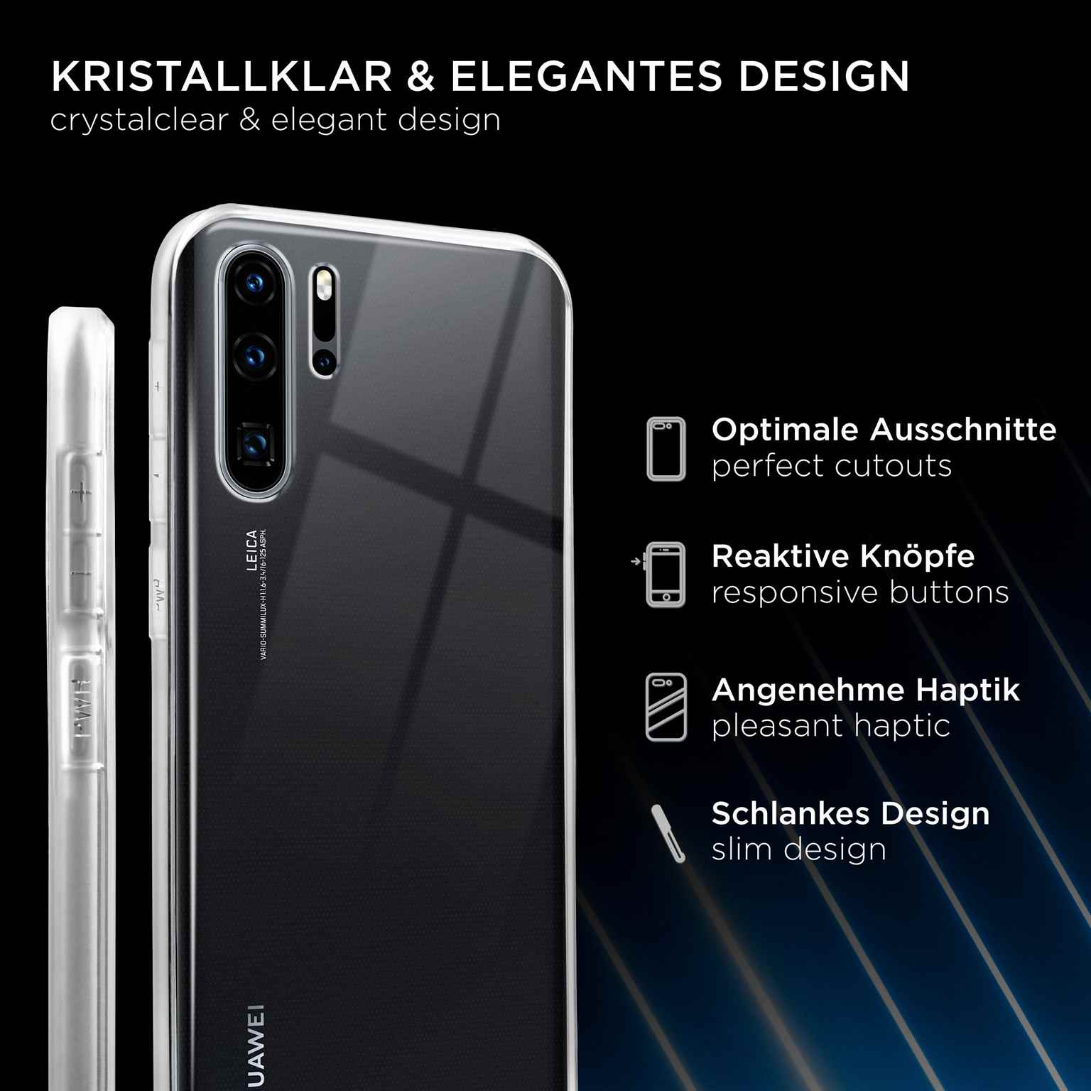 Transparente Handyhülle auf einem schwarzen Telefon. Merkmale sind perfekte Aussparungen, reaktionsschnelle Tasten und schlankes Design.