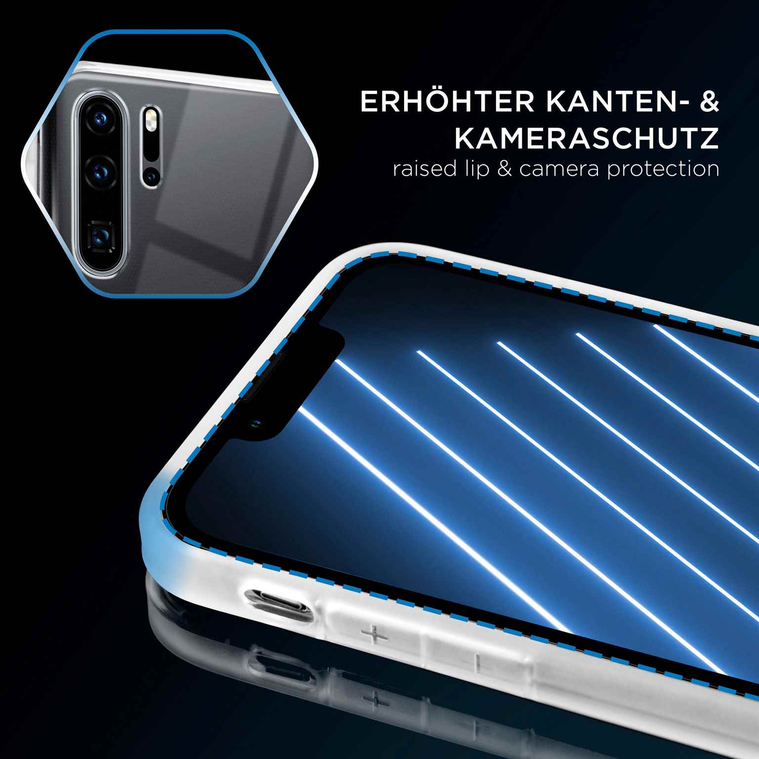 Ein Telefonbildschirm mit blauen Linien, mit klarer Hülle. Nahaufnahme der Handykamera.