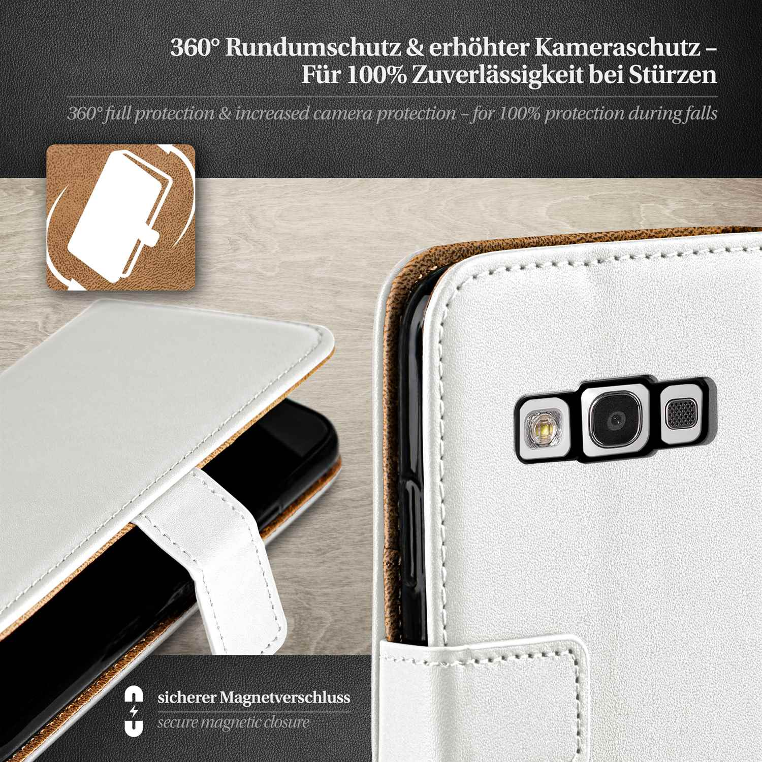 Eine weiße Handyhülle, geöffnet, um ein Telefon im Inneren zu zeigen, mit einer Nahaufnahme der Kamera.