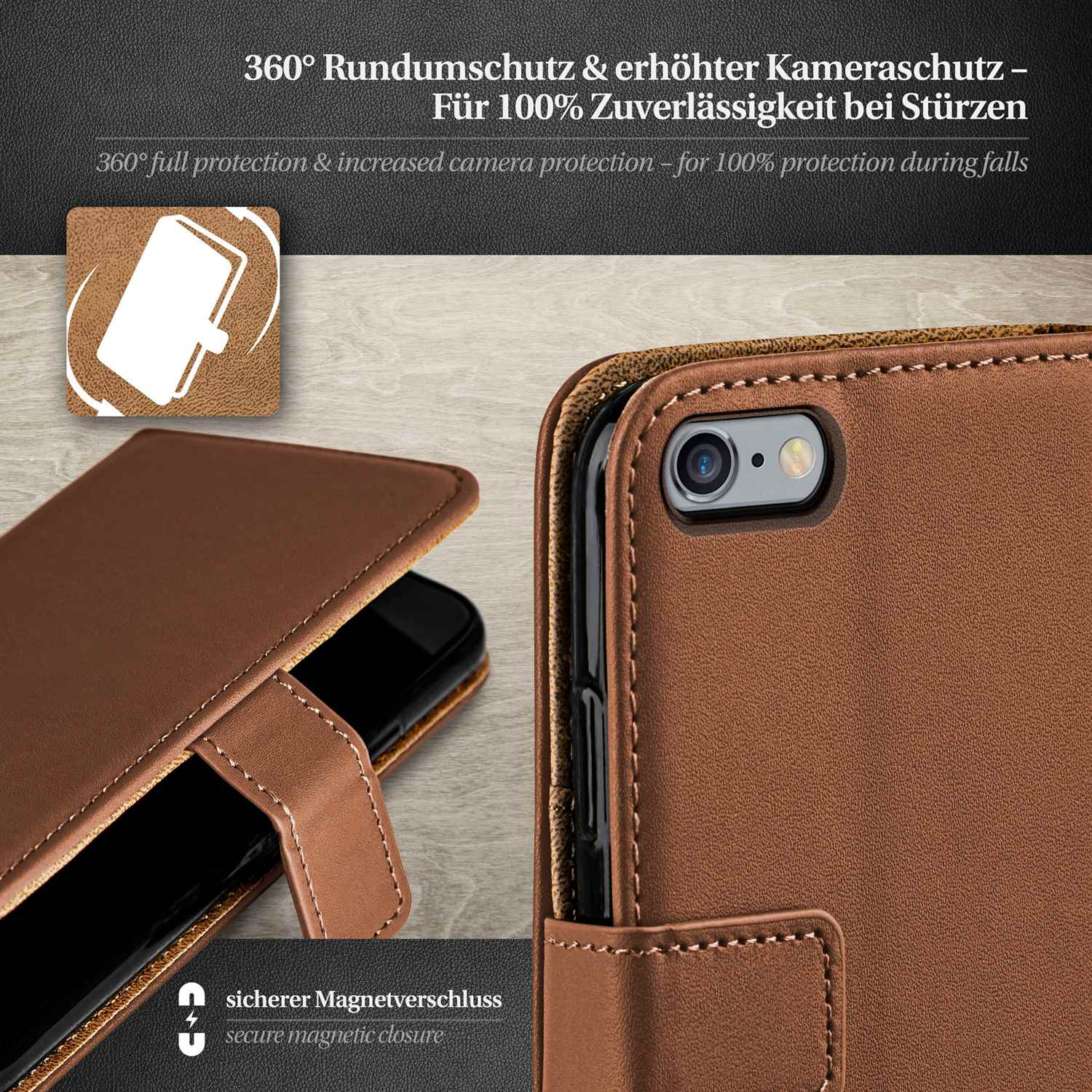 Braune Handyhülle Detail. Text: 360° Schutz, sicherer Magnetverschluss. Telefon innen.
