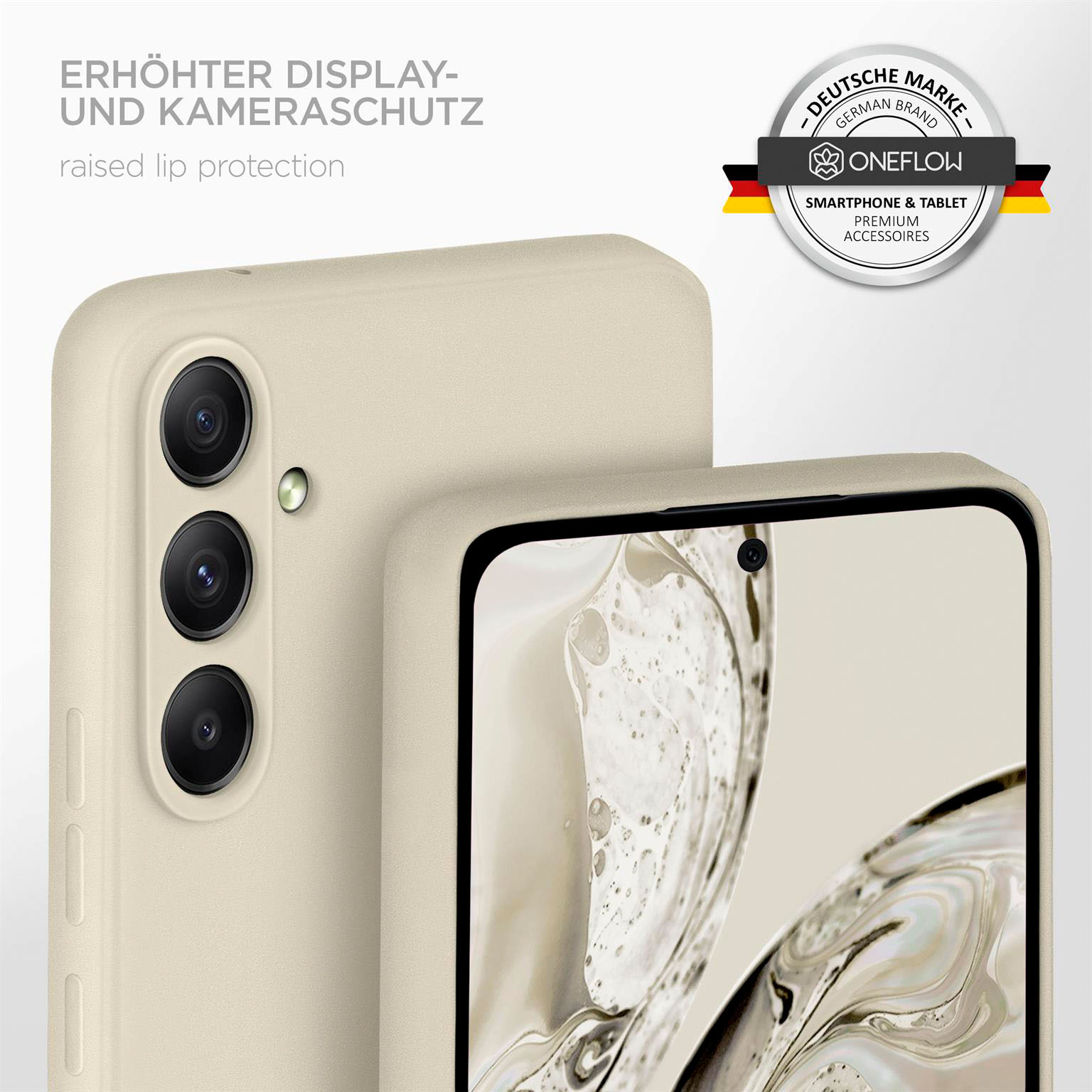 Zwei Handyhüllen, eine beige, zeigen den Kameraausschnitt. Erhöhter Lippenschutz ist sichtbar.
