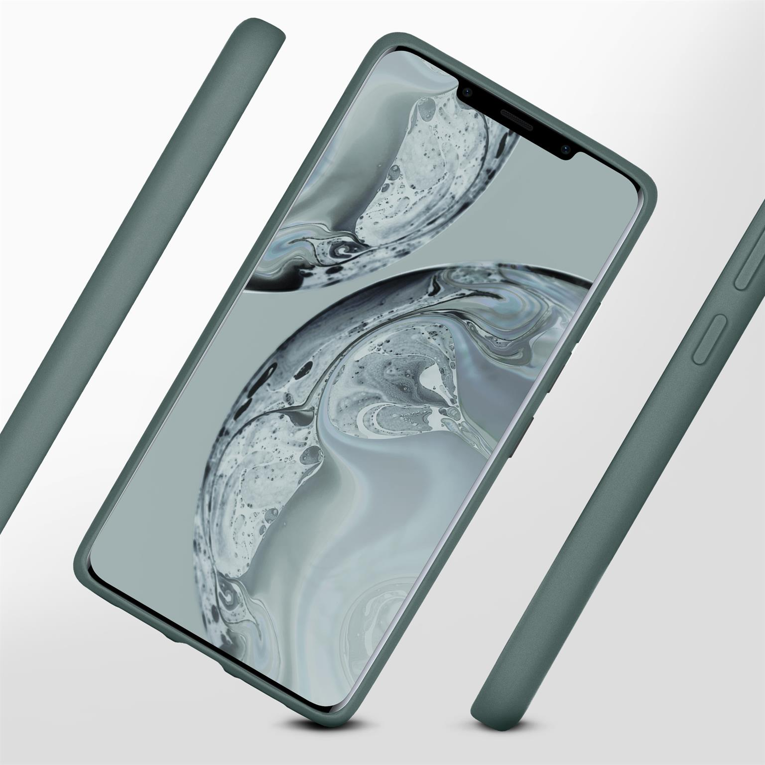 Türkisfarbene Handyhülle auf einem Telefon. Zwei türkisfarbene Balken sind an den Seiten mit weißem Hintergrund.