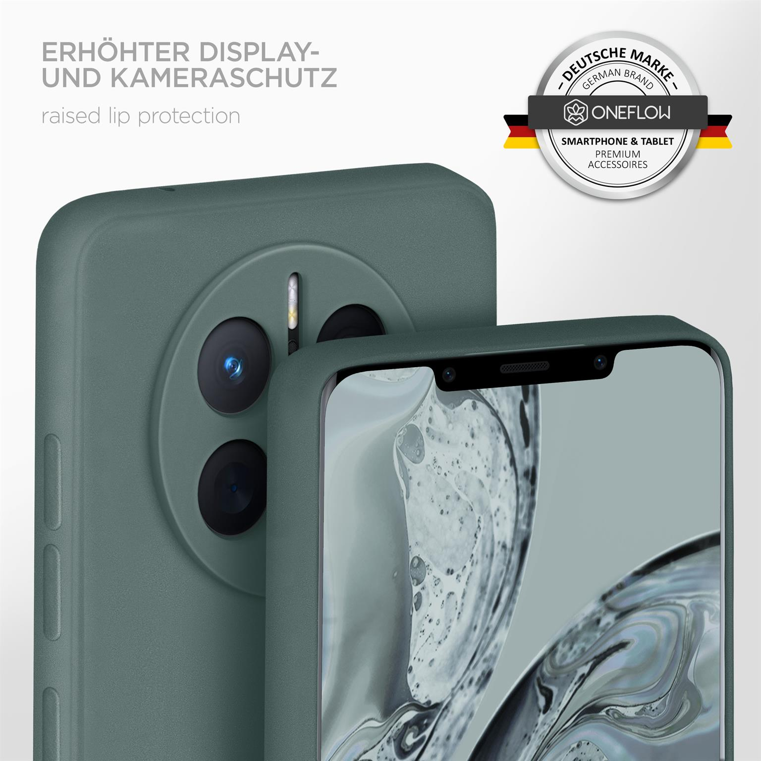 Grünes Telefon in einer Hülle, zeigt Kameraschutz. Oneflow-Markenlogo sichtbar.
