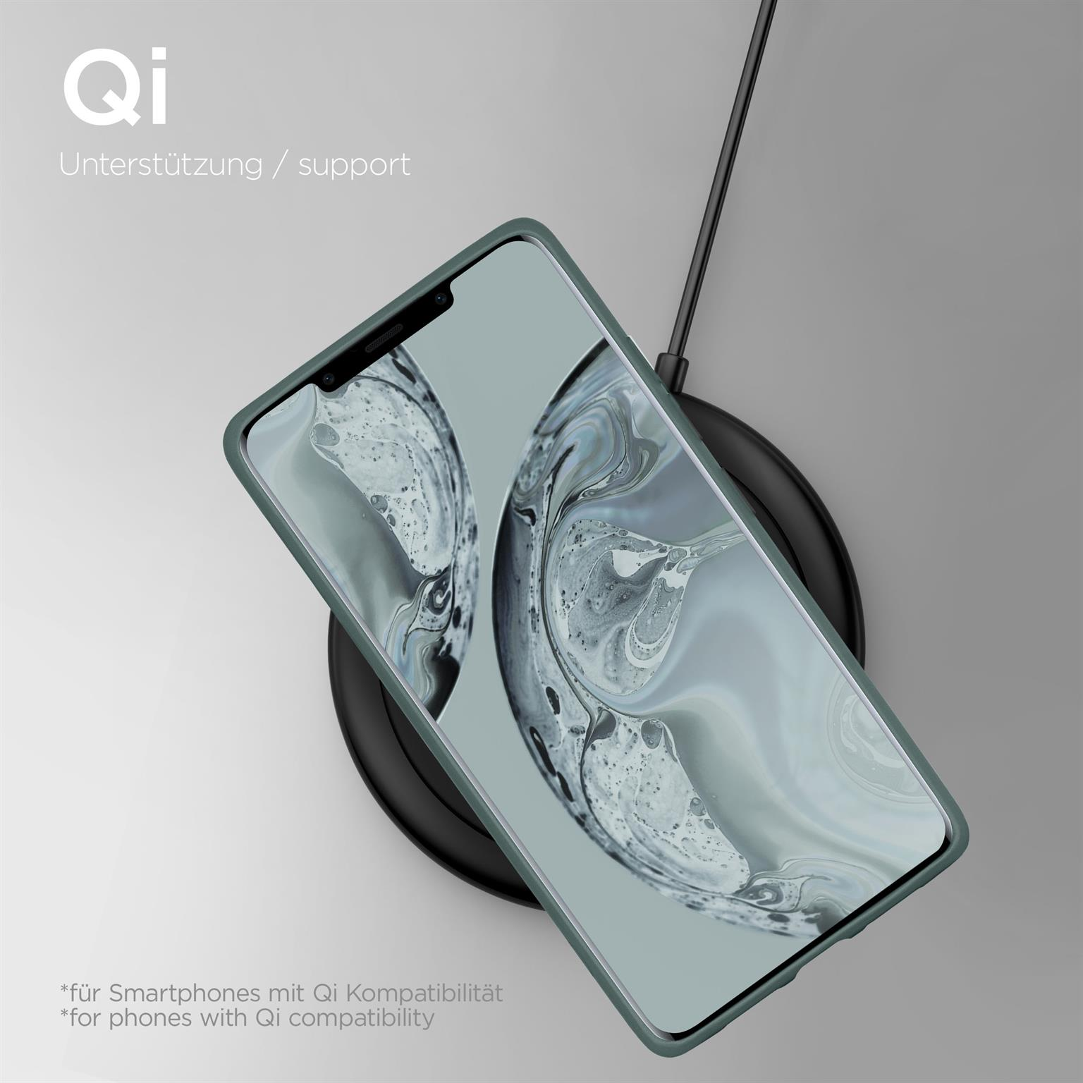 Telefon in grüner Hülle auf kabellosem Ladegerät. Text: Qi, Support. Hintergrund ist hellgrau.