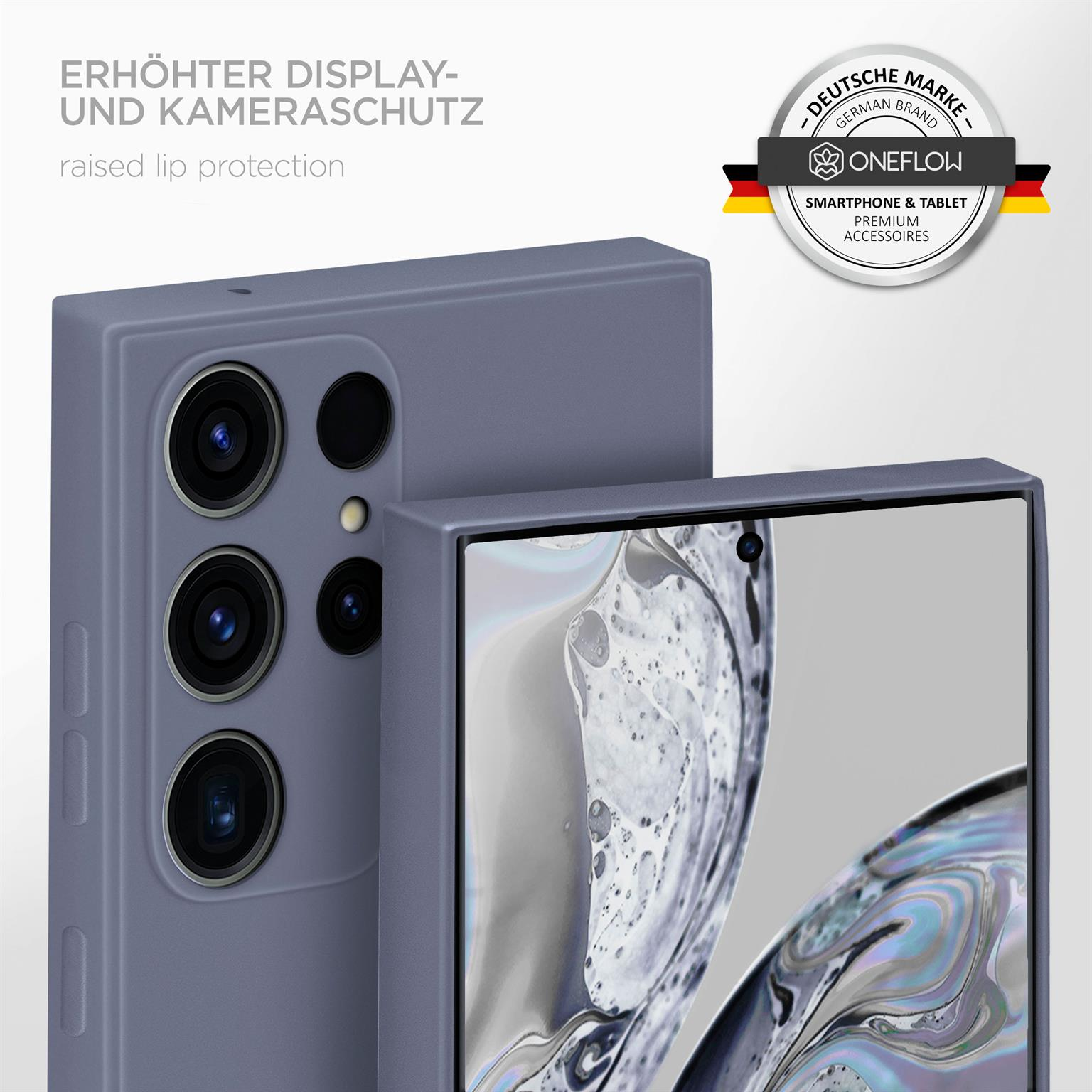 Telefon in grauem Gehäuse, Nahaufnahme des Displays. Erhöhter Lippenschutz wird beworben.