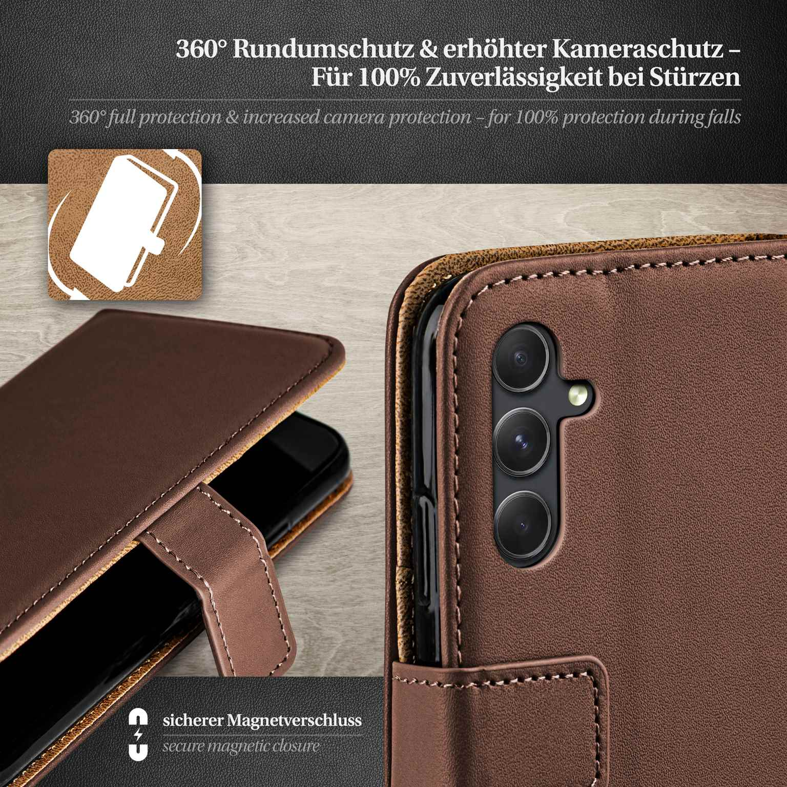 Braune Leder-Handyhülle mit Telefon. Sicherer Magnetverschluss. Drei Kameras sichtbar.