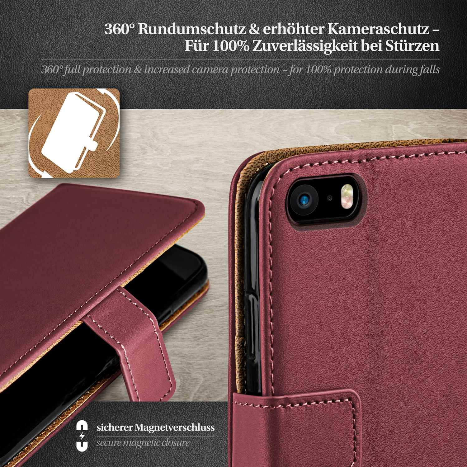 Rote Handyhülle mit Telefon und Magnetverschluss.