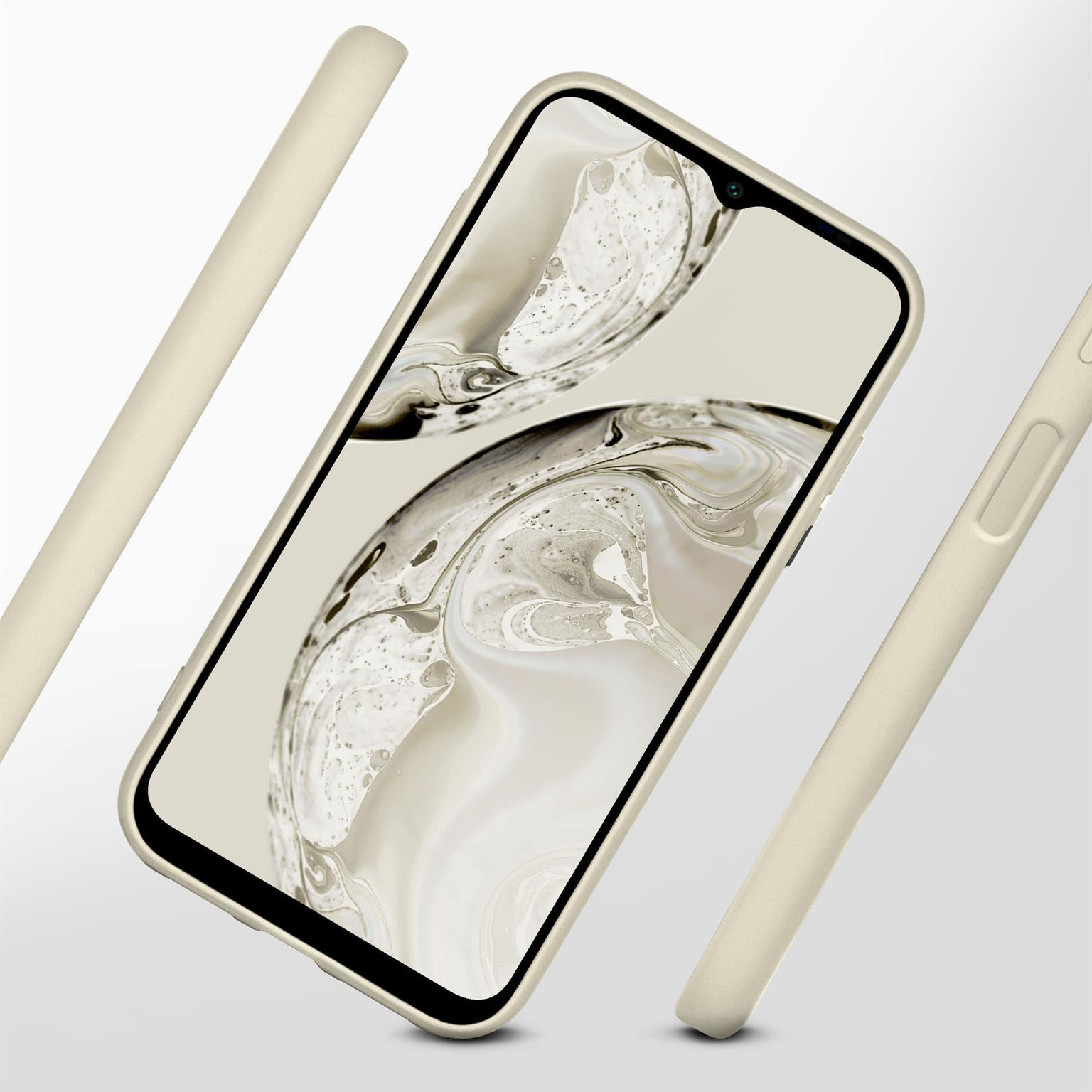Beige Handyhülle mit Telefon darin, drei Gehäuseteile gezeigt, auf hellem Hintergrund.