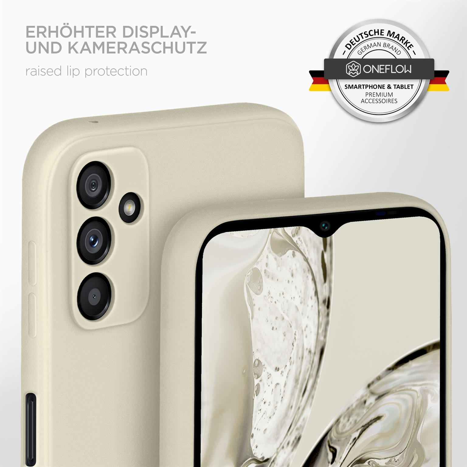 Beigefarbene Handyhülle auf weißem Hintergrund, mit Text und Logo.