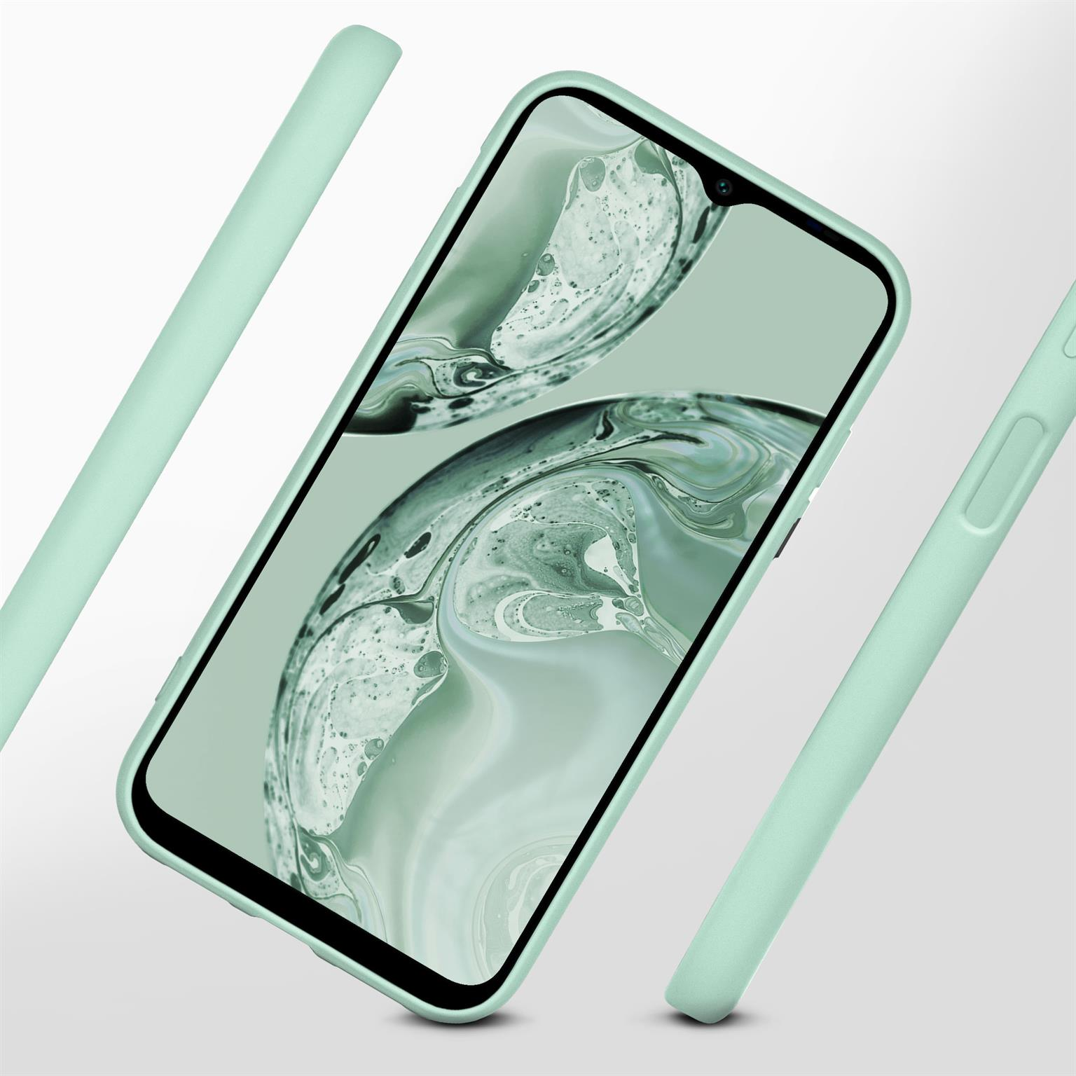 Ein Telefon in einer hellgrünen Hülle. Drei Teile der Hülle sind im Bild sichtbar.