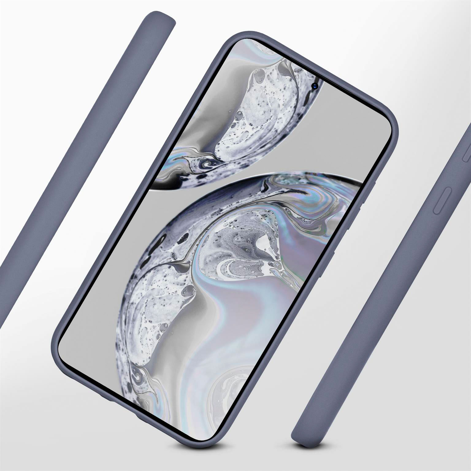 Ein Telefon in einem blauen Gehäuse. Drei blaue Balken schweben in der Nähe. Der Hintergrund ist grau.
