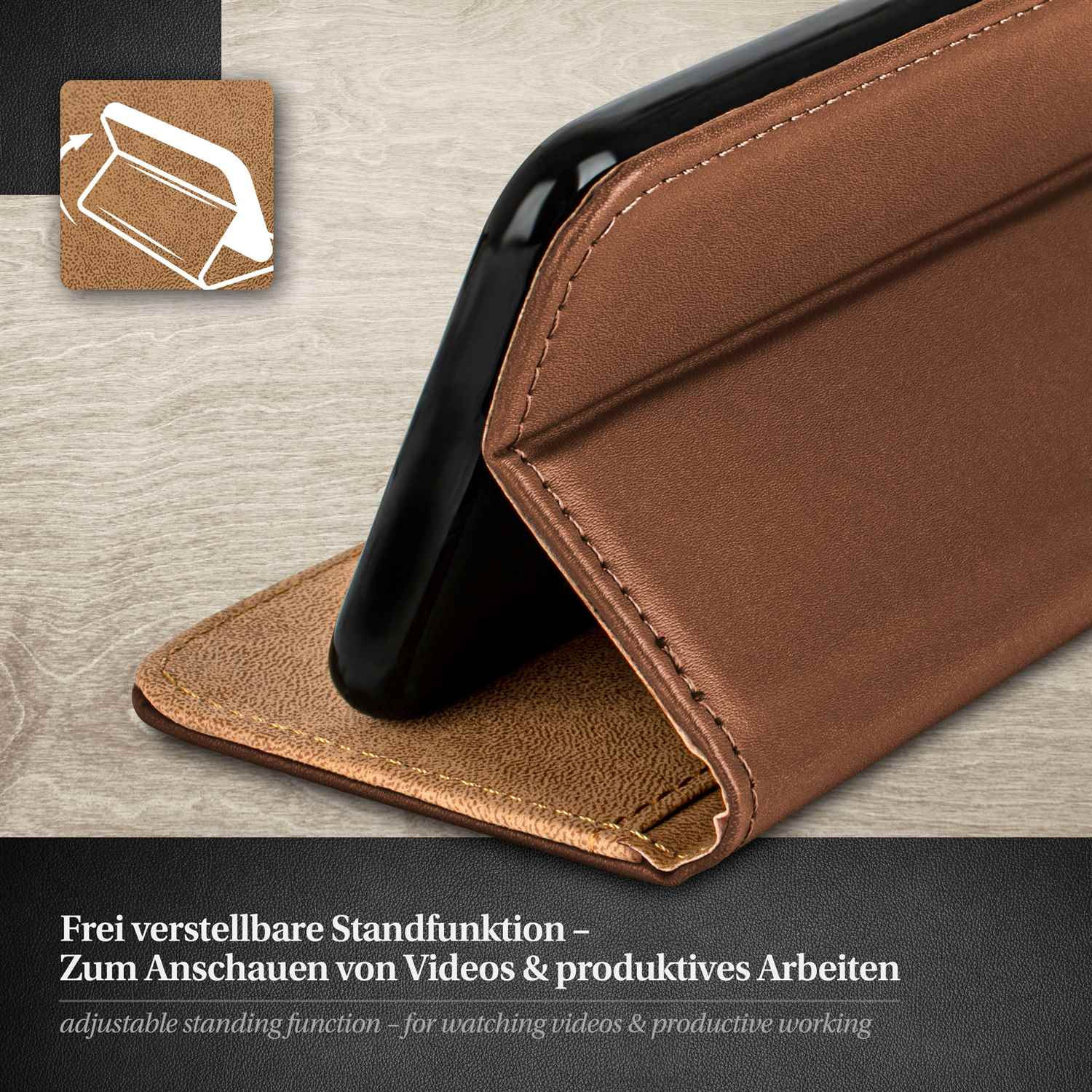 Braune Leder-Handyhülle geöffnet, Telefon innen. Text: verstellbare Standfunktion für Videos.