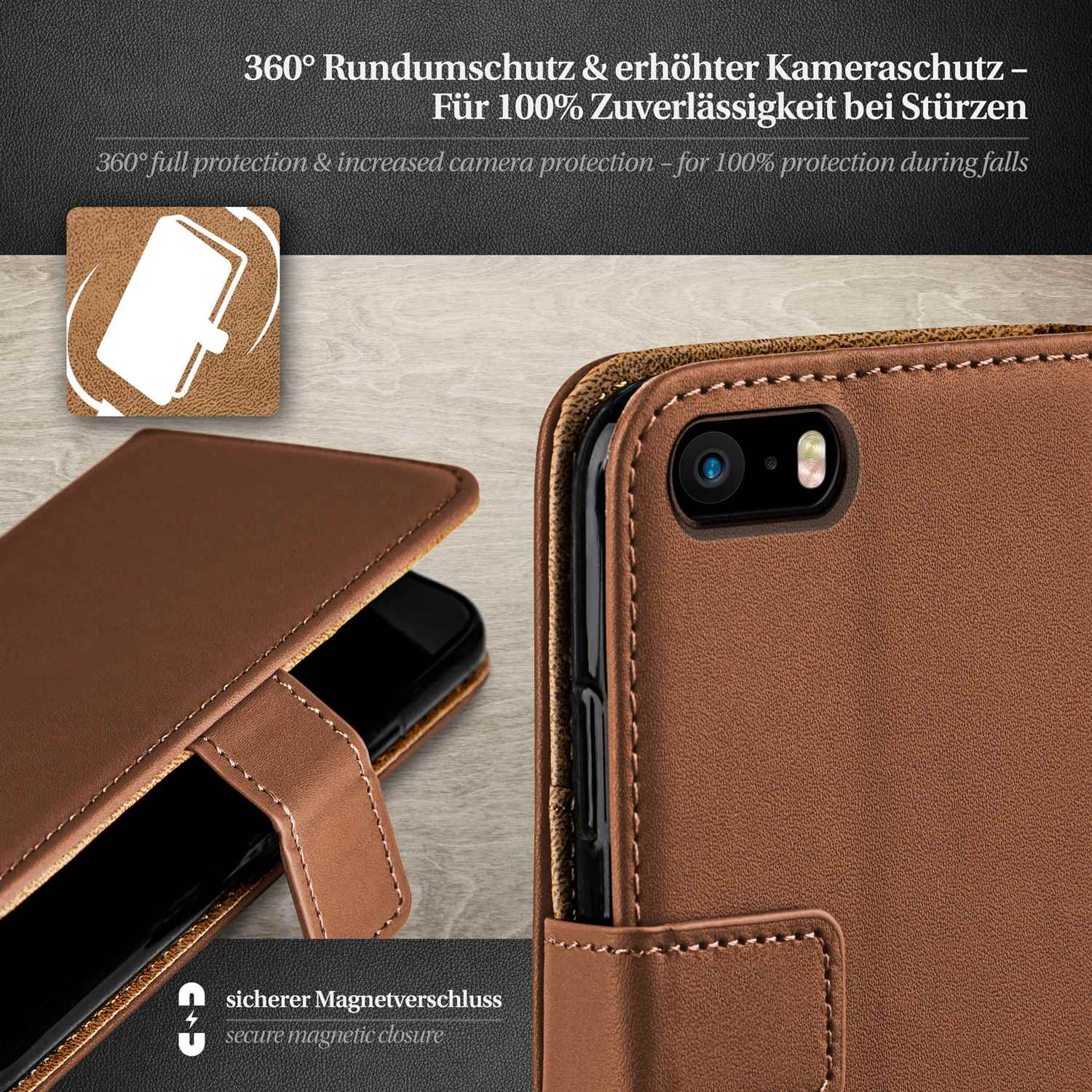 Braune Handyhülle mit Telefon. Die Hülle hat einen Magnetverschluss.