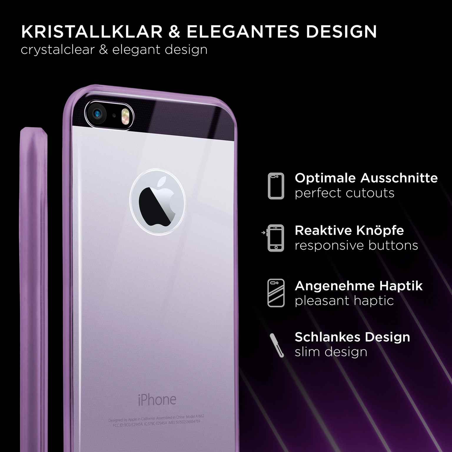 Lila iPhone-Hülle mit Telefon darin. Weißer Hintergrund mit Text oben und unten.