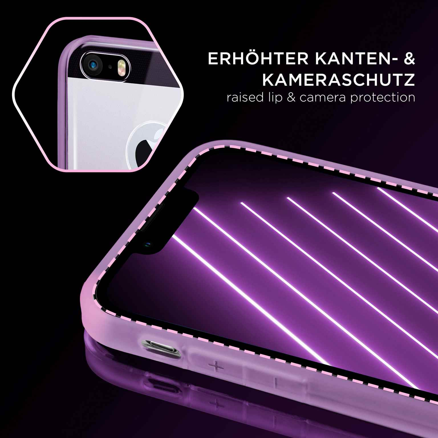 Handyhülle mit erhöhten Kanten. Das Telefon ist lila. Die Hülle hat Kameraschutz.