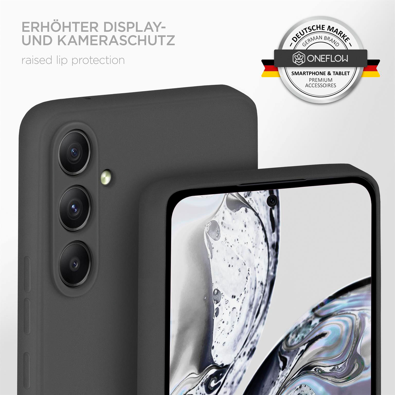 Dunkelgraue Handyhülle mit Telefon, mit erhöhtem Rand.