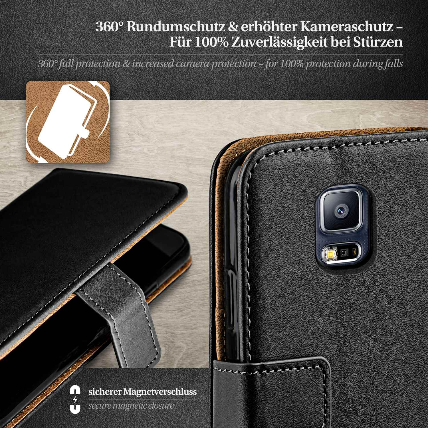 Eine schwarze Handyhülle, geöffnet, um ein Telefon im Inneren zu zeigen, mit einer Nahaufnahme der Kamera.