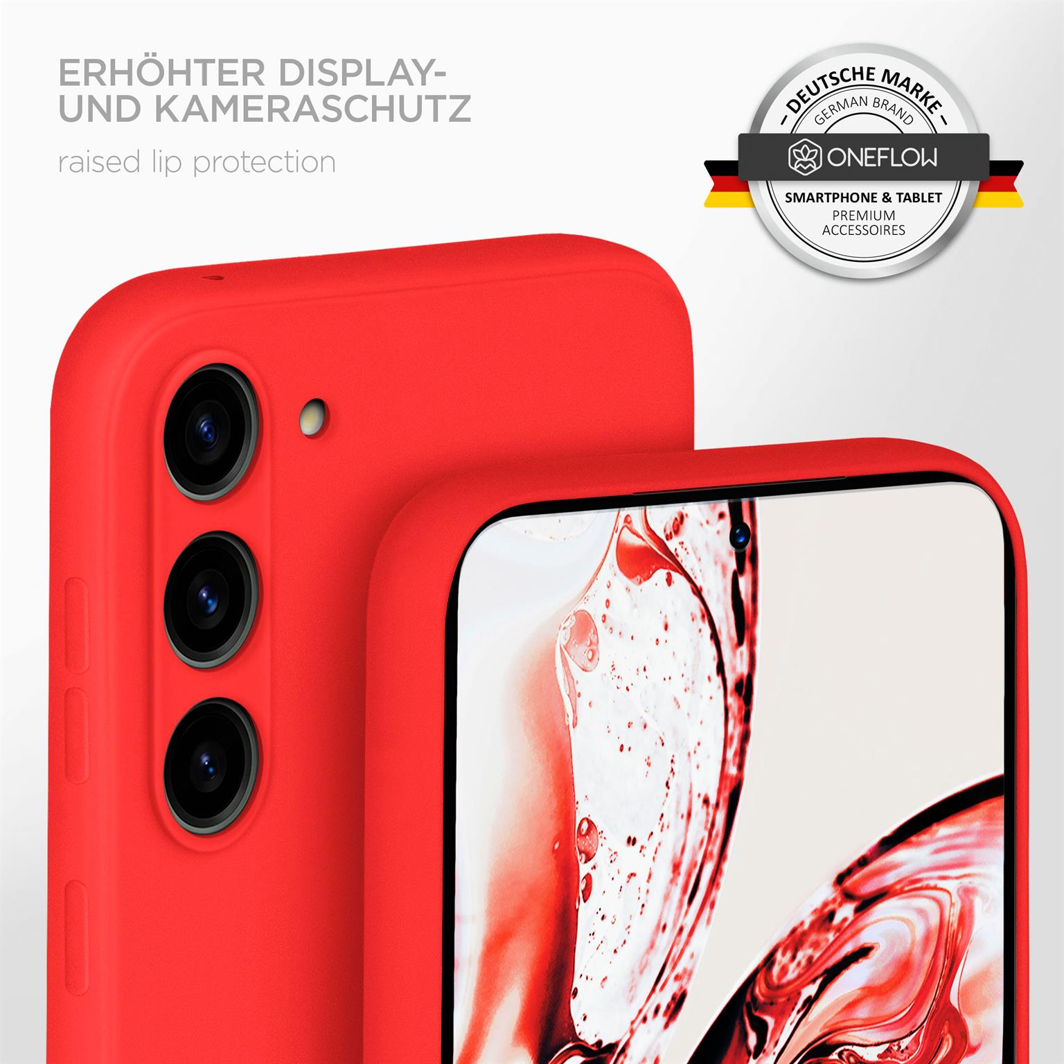 Zwei rote Handyhüllen, eine auf der anderen, mit Markenlogo im Hintergrund.