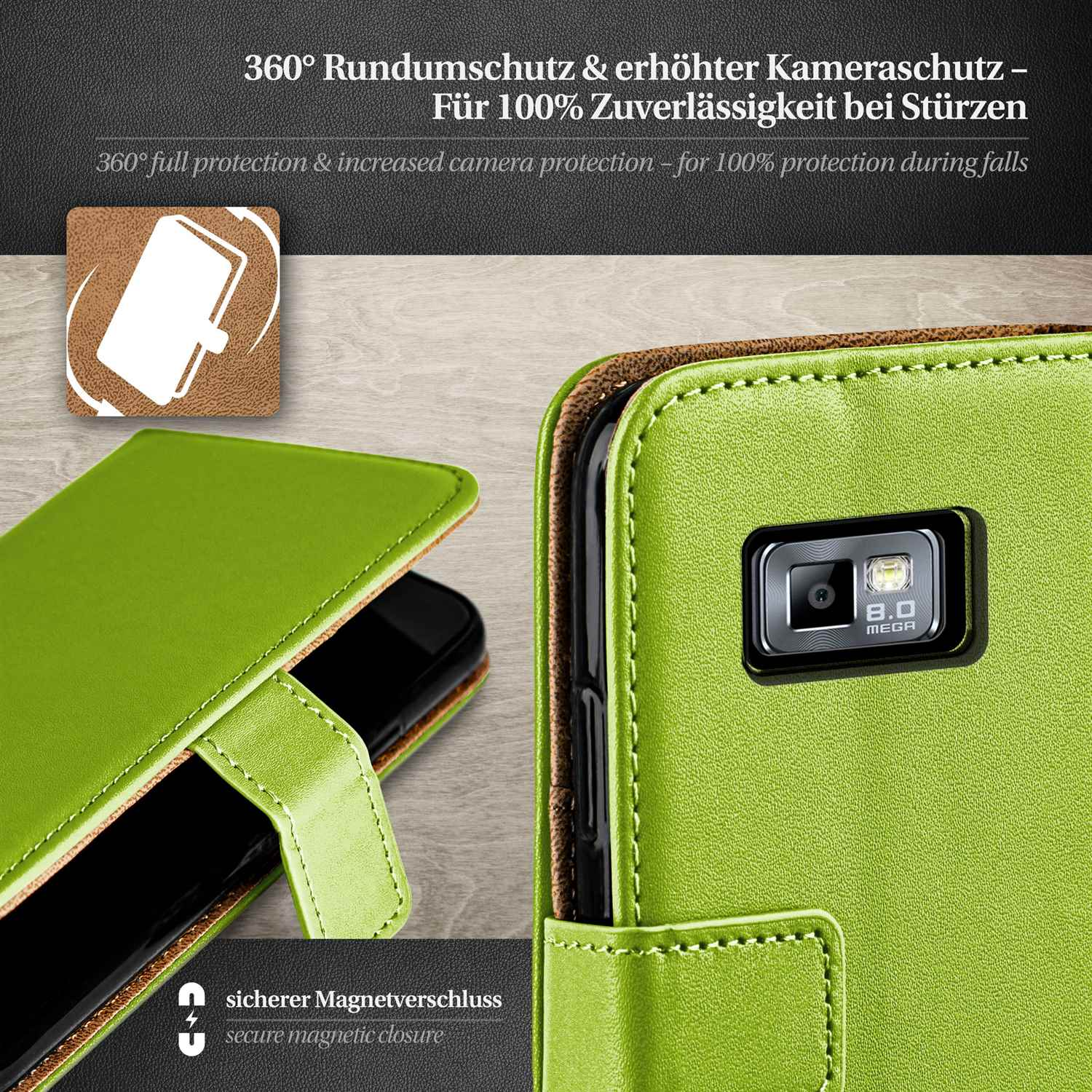 Grüne Handyhülle mit Telefon, Kamera sichtbar.