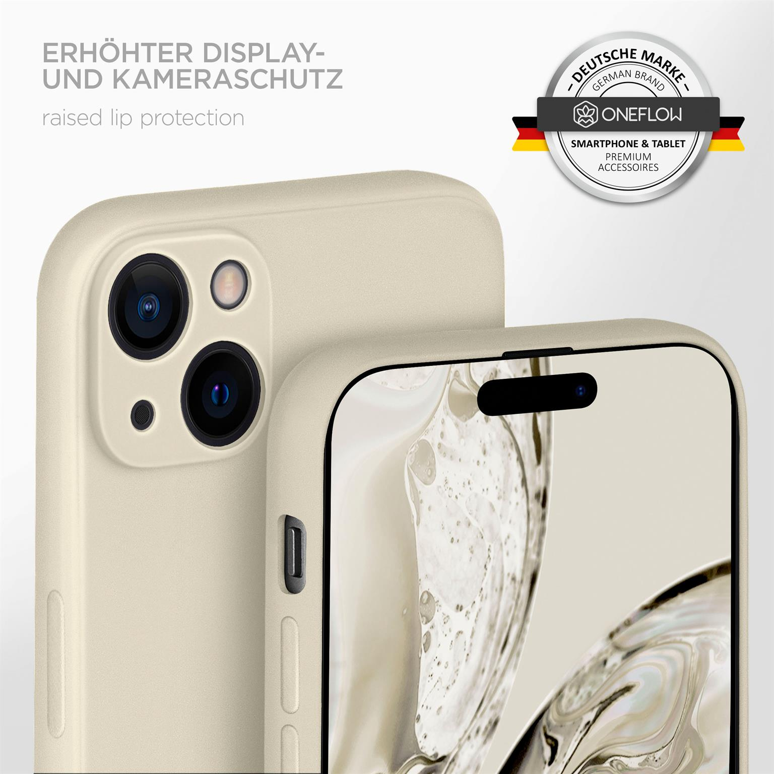 Ein Smartphone in einer beigefarbenen Hülle. Die Rückseite zeigt Kameralinsen. Ein Logo ist sichtbar.
