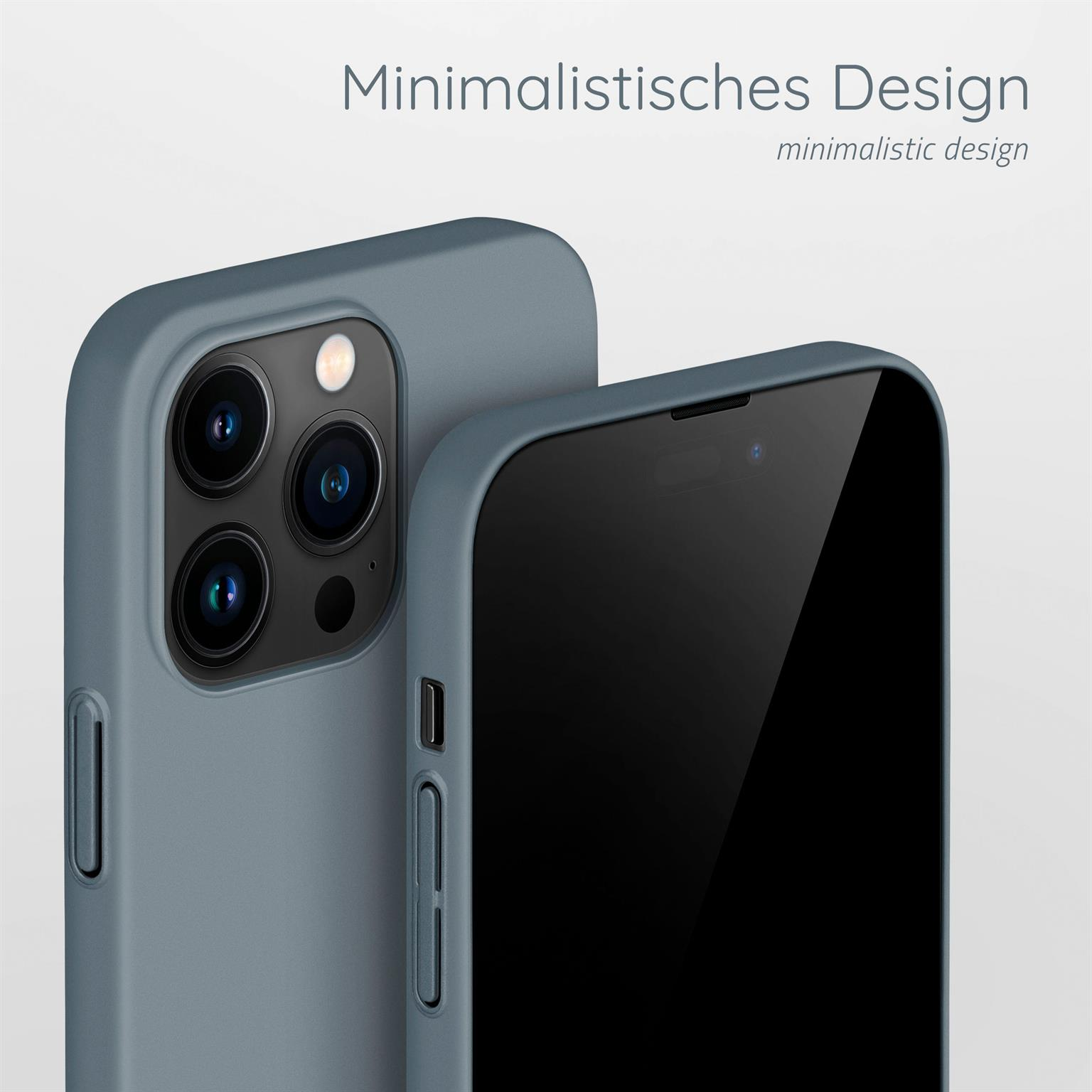 Zwei Telefone in Hüllen. Text: Minimalistisches Design. Ein Telefon ist sichtbar.