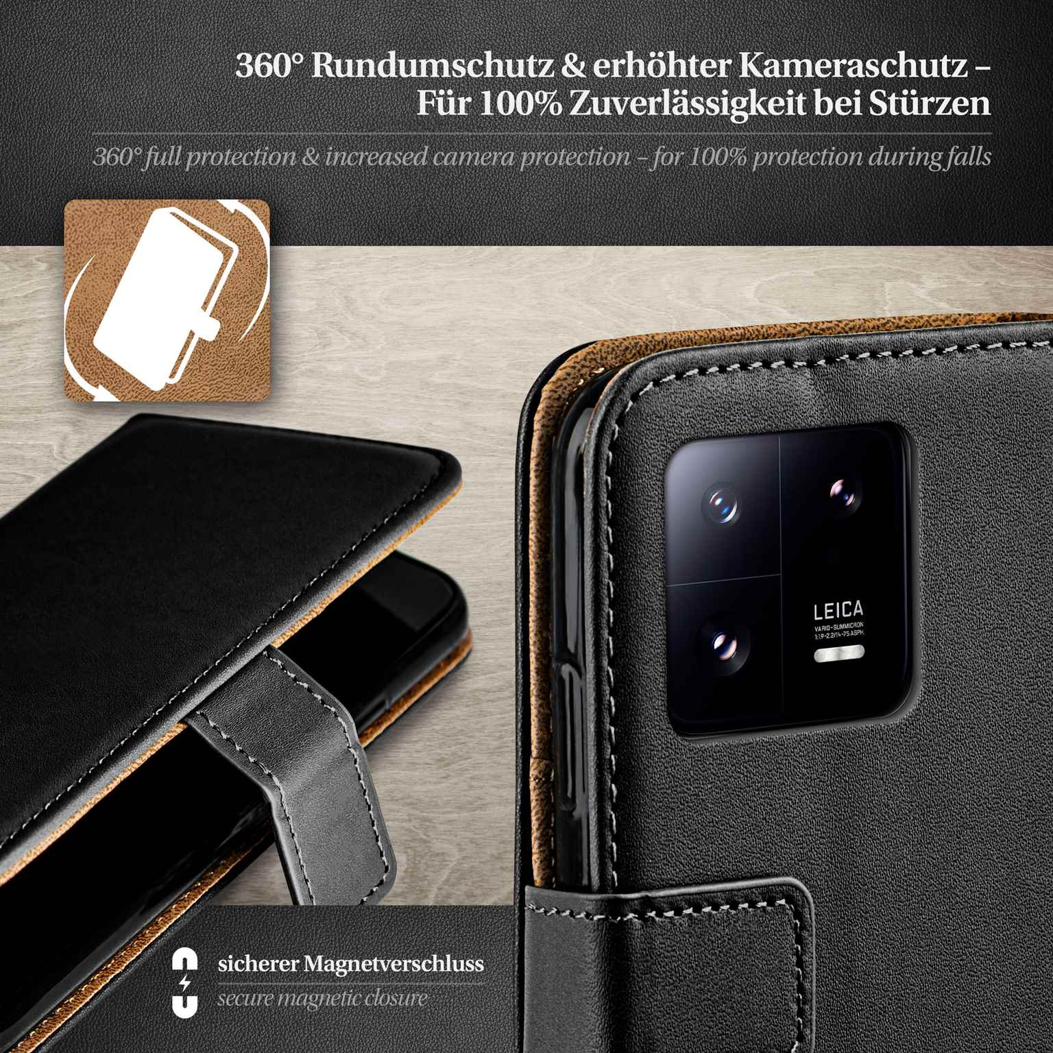 Eine schwarze Handyhülle mit Magnetverschluss. Text: 360° Rundumschutz, sicher.