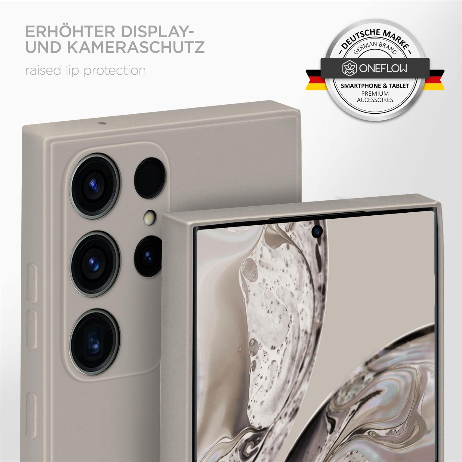 Ein Telefon in einer beigefarbenen Hülle wird gezeigt, mit Text, der Display- und Kameraschutz hervorhebt.