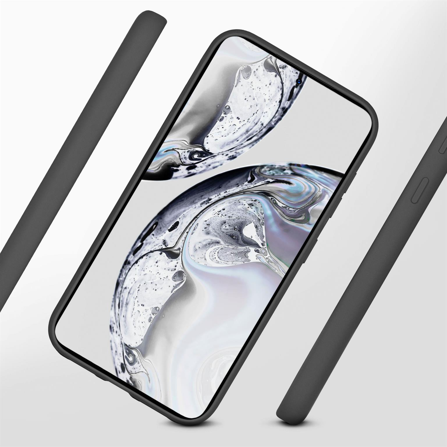 Ein Telefon in einer schwarzen Hülle. Der Telefonbildschirm zeigt ein Wasserdesign. Die Hülle hat drei Teile.