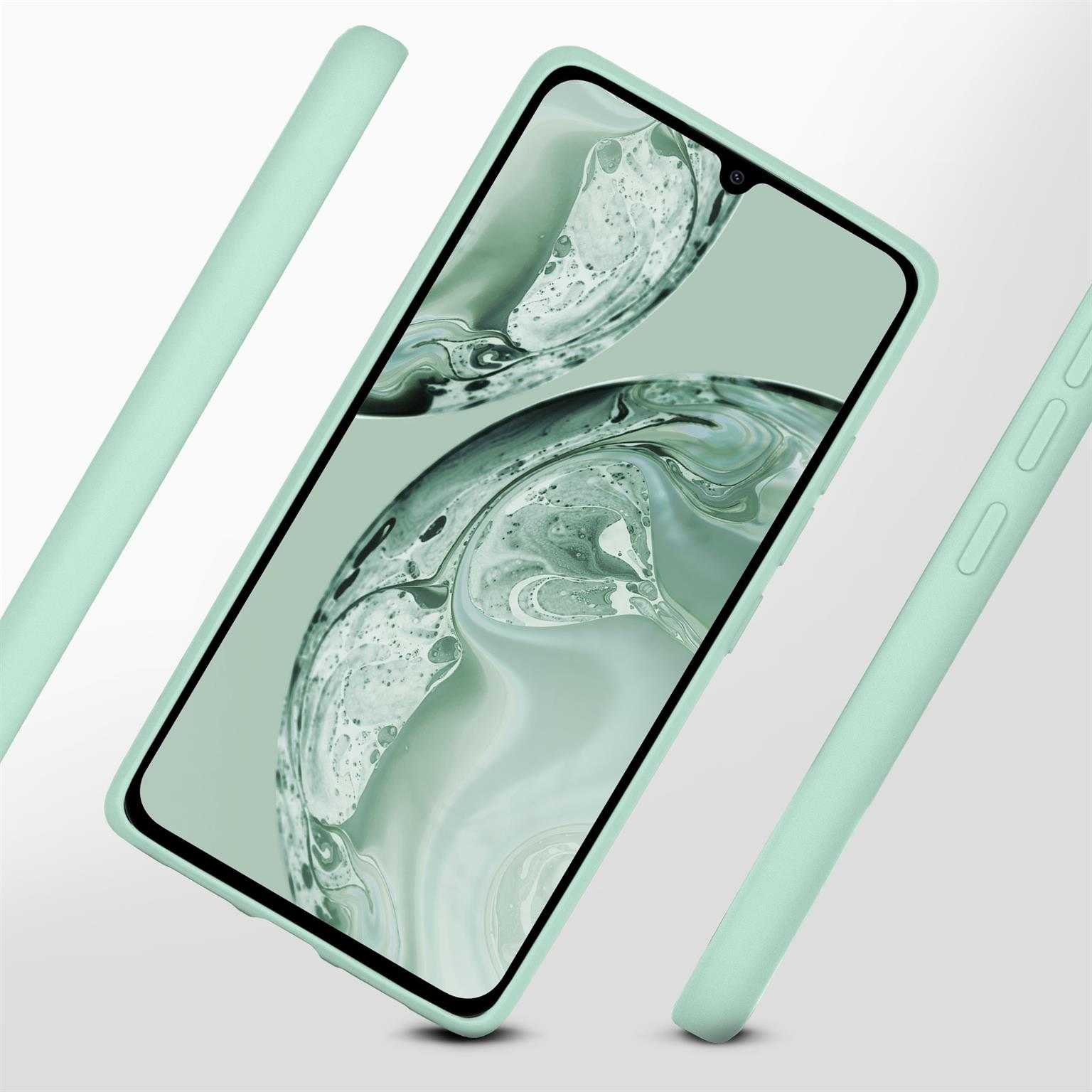 Smartphone in mintgrüner Hülle. Drei Gehäuseteile schweben. Bildschirm sichtbar.