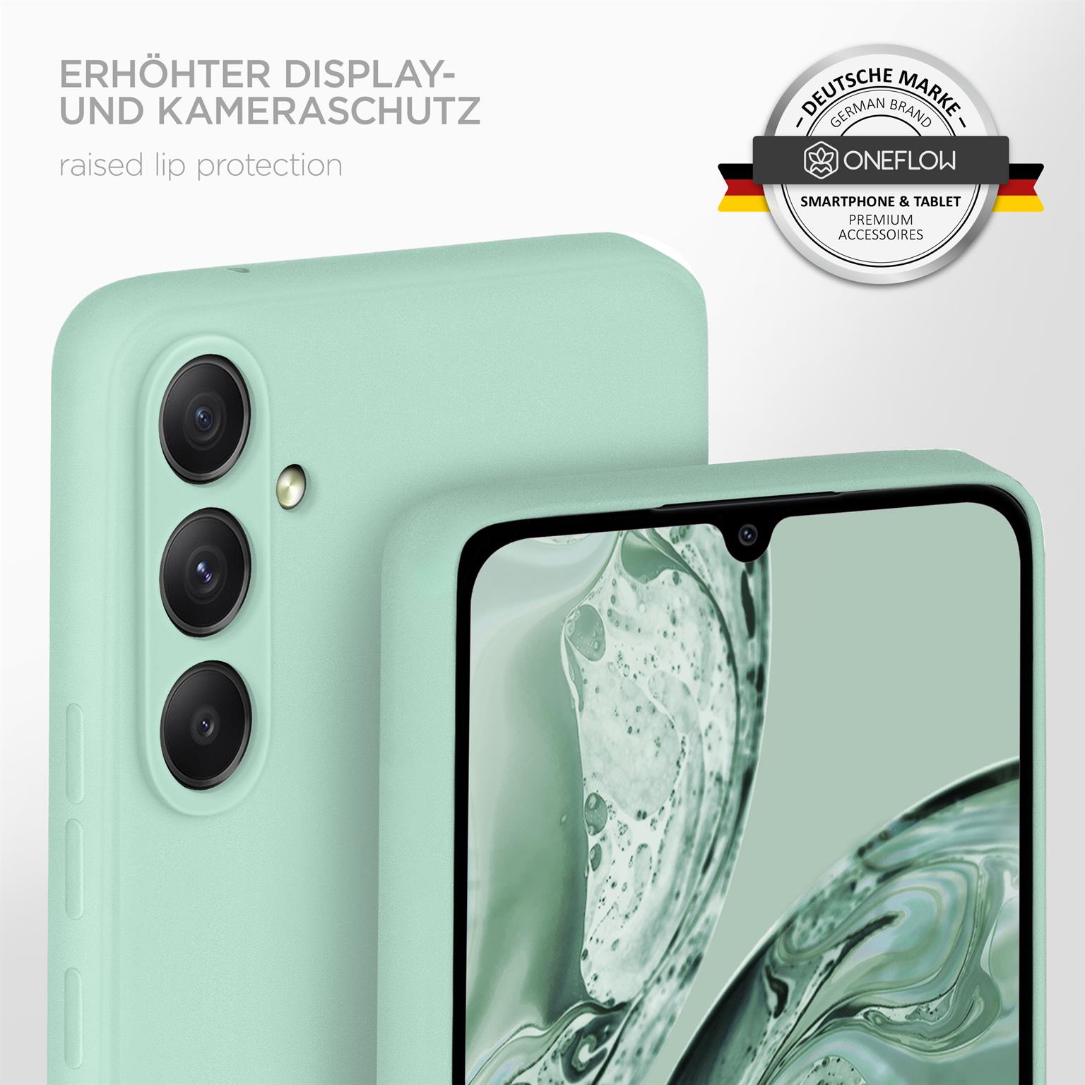Zwei Telefone, mintfarbene Hülle. Erhöhter Lippenschutz. Ein Telefon im Fokus. Grüner Hintergrund.