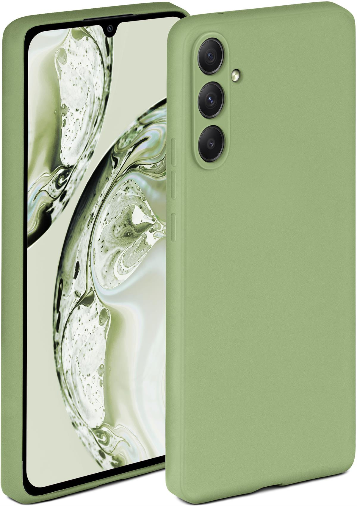 Grüne Handyhülle mit Telefon. Das Case hat drei Kameras.