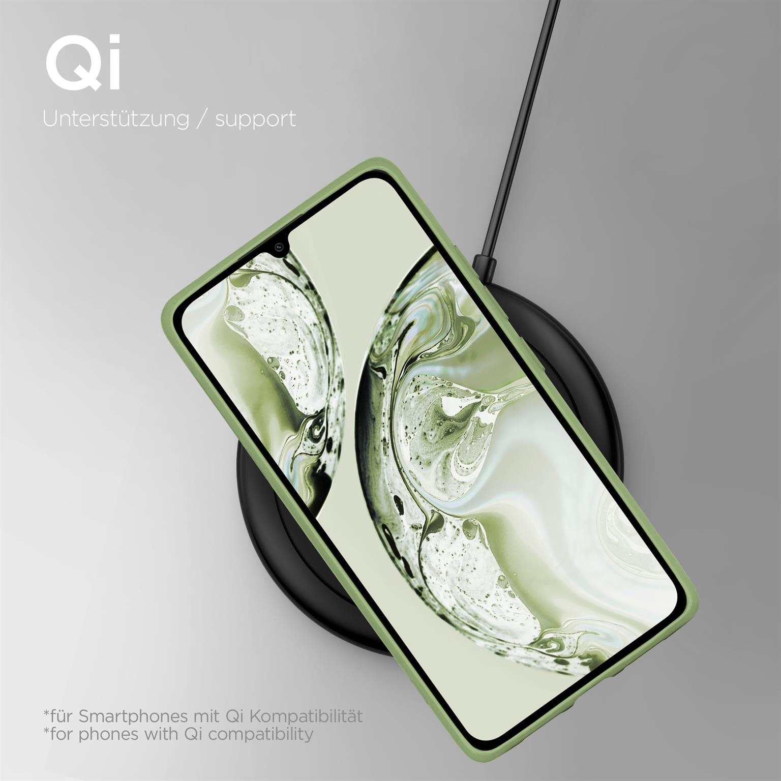 Grüne Handyhülle auf einem kabellosen Ladegerät. Text: Qi, Support. Hintergrund ist hellgrau.
