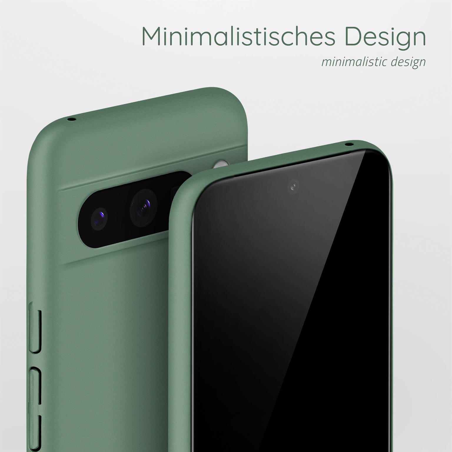 Grüne Handyhülle auf einem Telefon. Text: Minimalistisches Design. Hintergrund ist hellgrau.