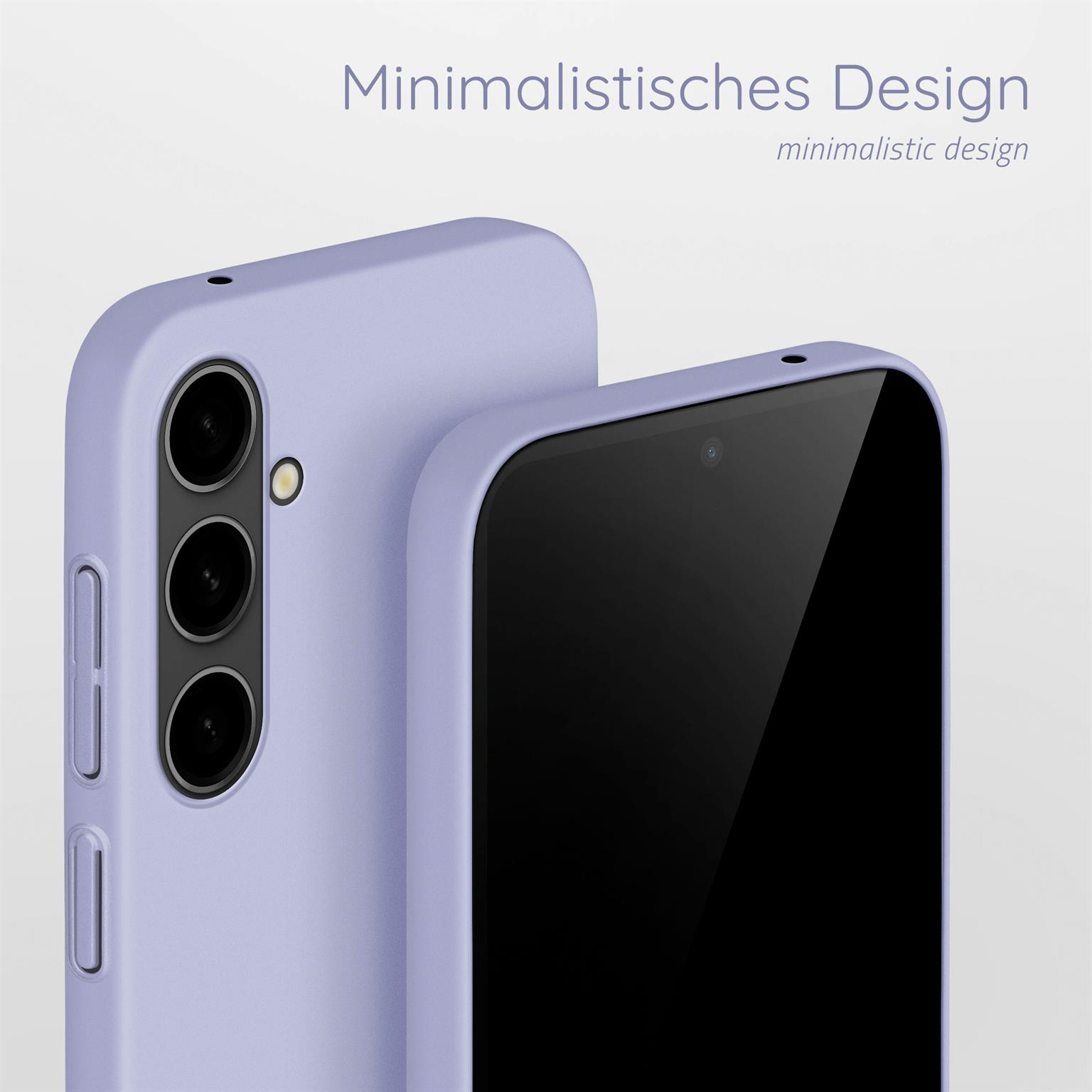 Zwei hellviolette Handyhüllen, eine zeigt das Telefon.