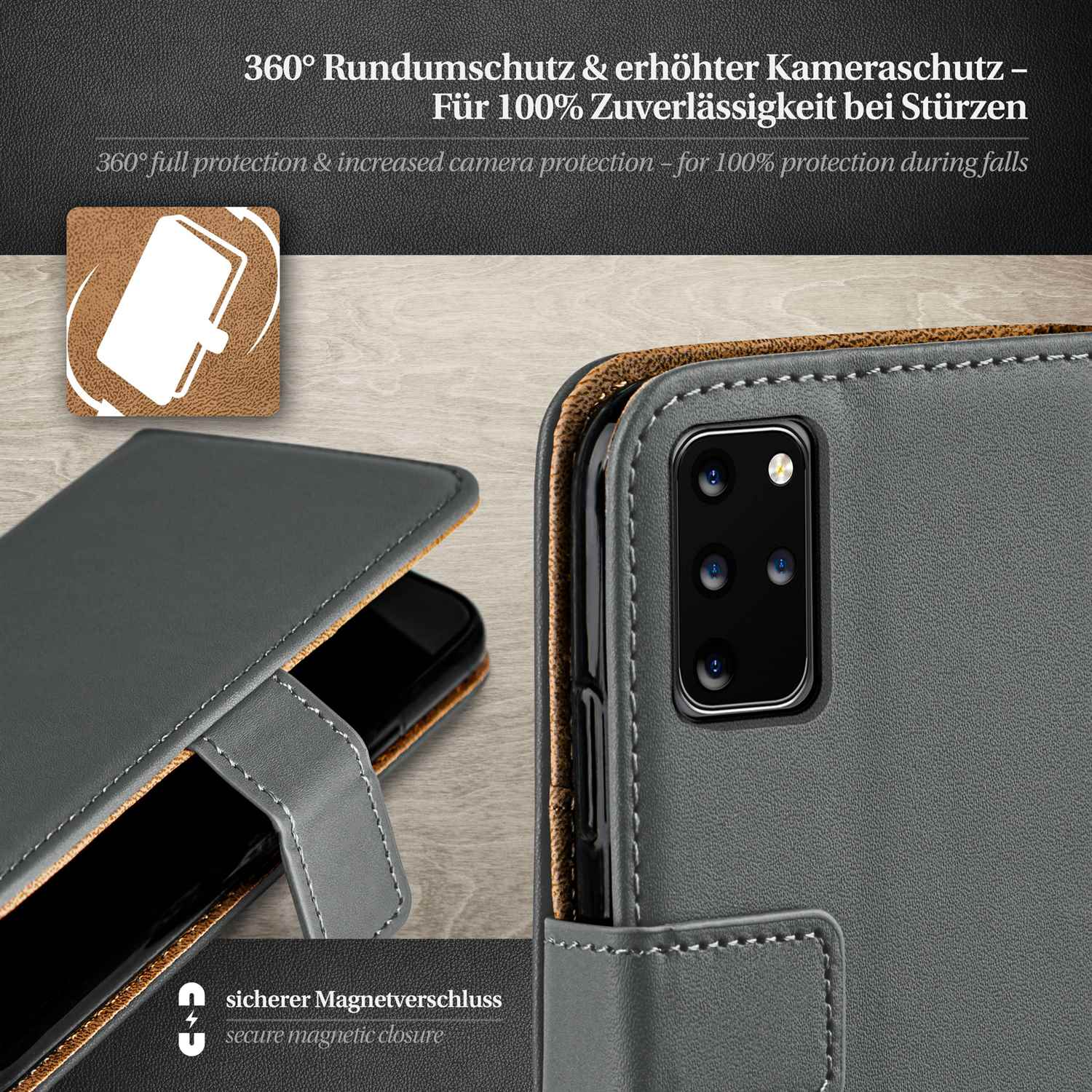 Graue Handyhülle mit Telefon darin. Text oben und unten. Brauner, weißer und schwarzer Hintergrund.