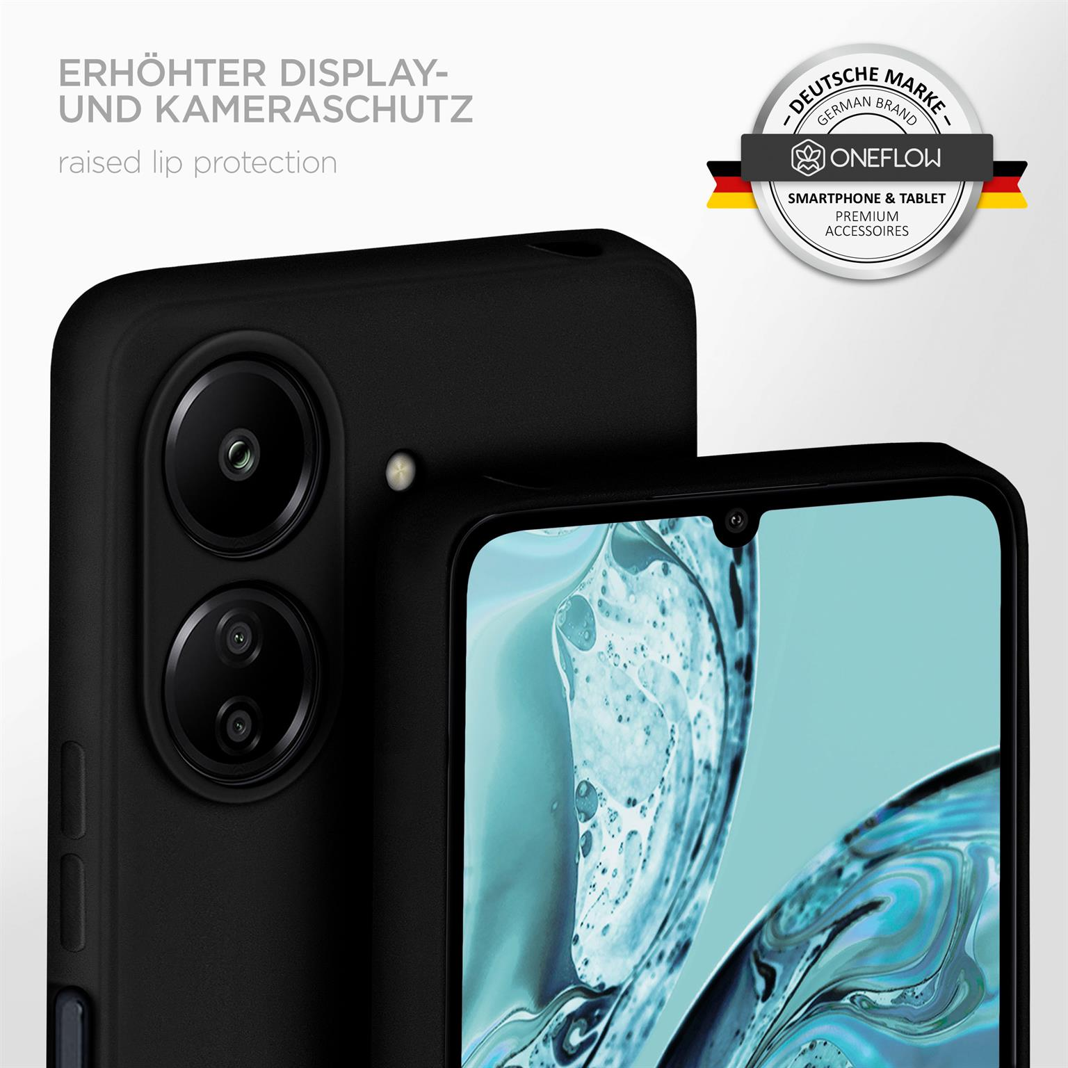 Schwarze Handyhülle mit Telefon darin. Die Hülle hat eine erhöhte Lippe. Die Handykamera ist sichtbar.