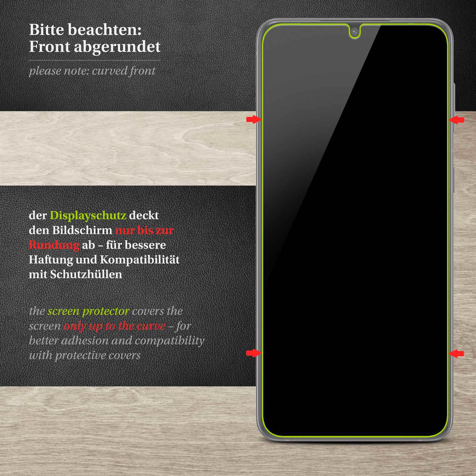 Ein Telefonbildschirm mit einem gekrümmten Kantenschutz. Der Schutz deckt nur die Kurve ab.