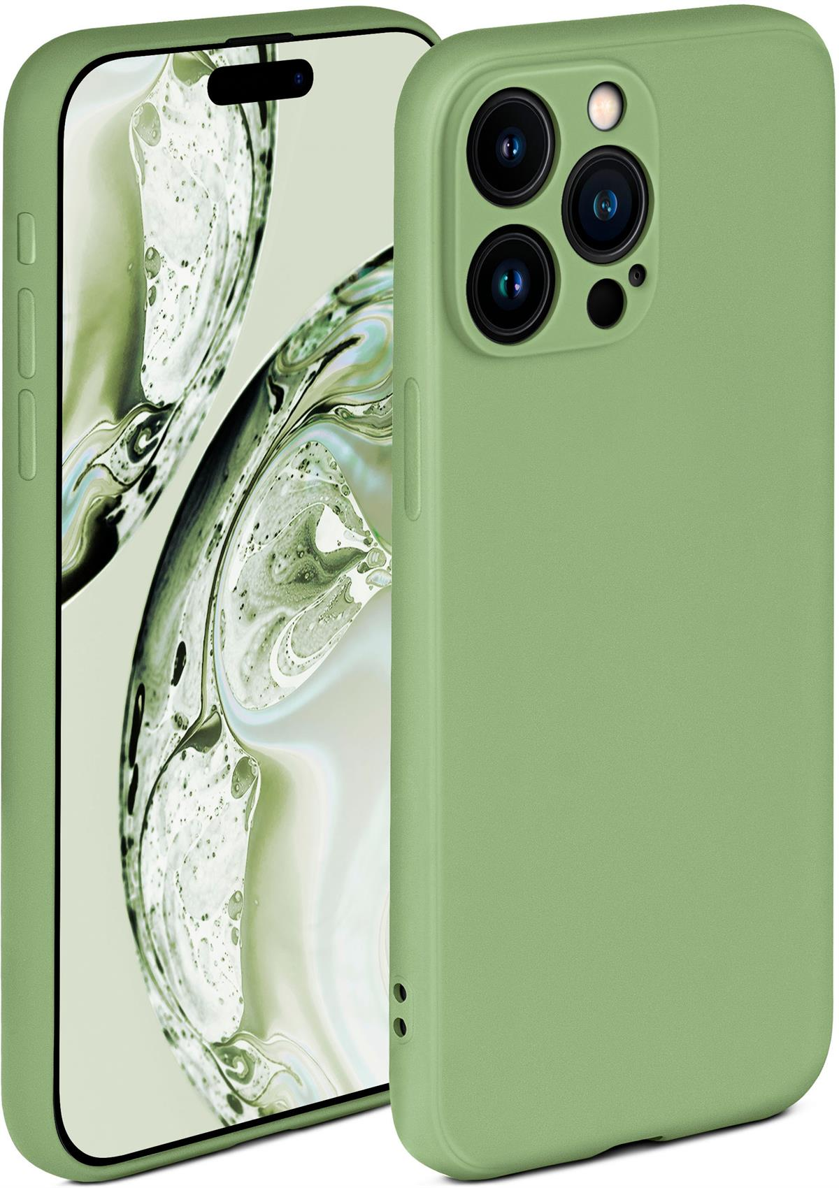 Eine salbeigrüne Handyhülle mit einem Telefon darin, das den Bildschirm zeigt.