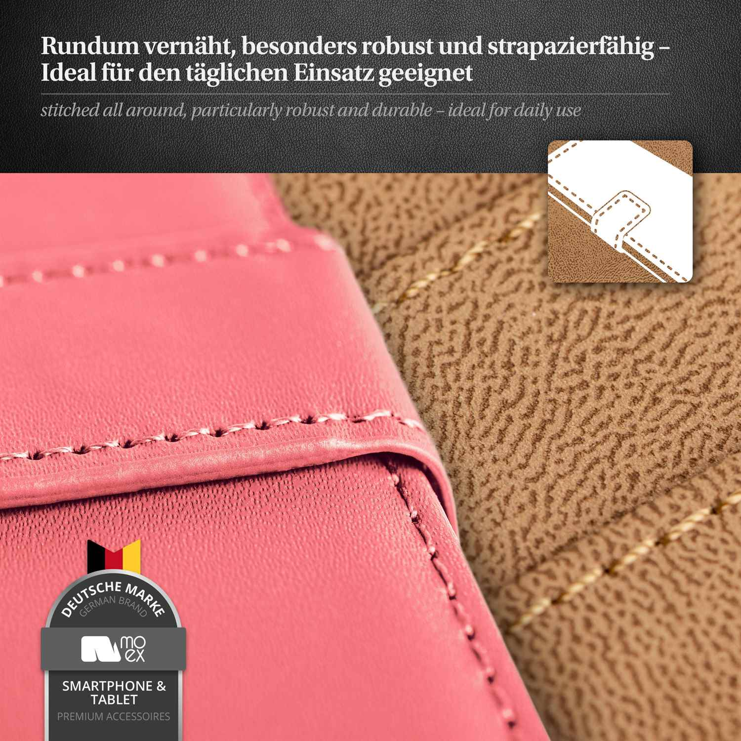 Nahaufnahme einer pinkfarbenen Handyhülle mit weißen Nähten auf braunem strukturiertem Material.