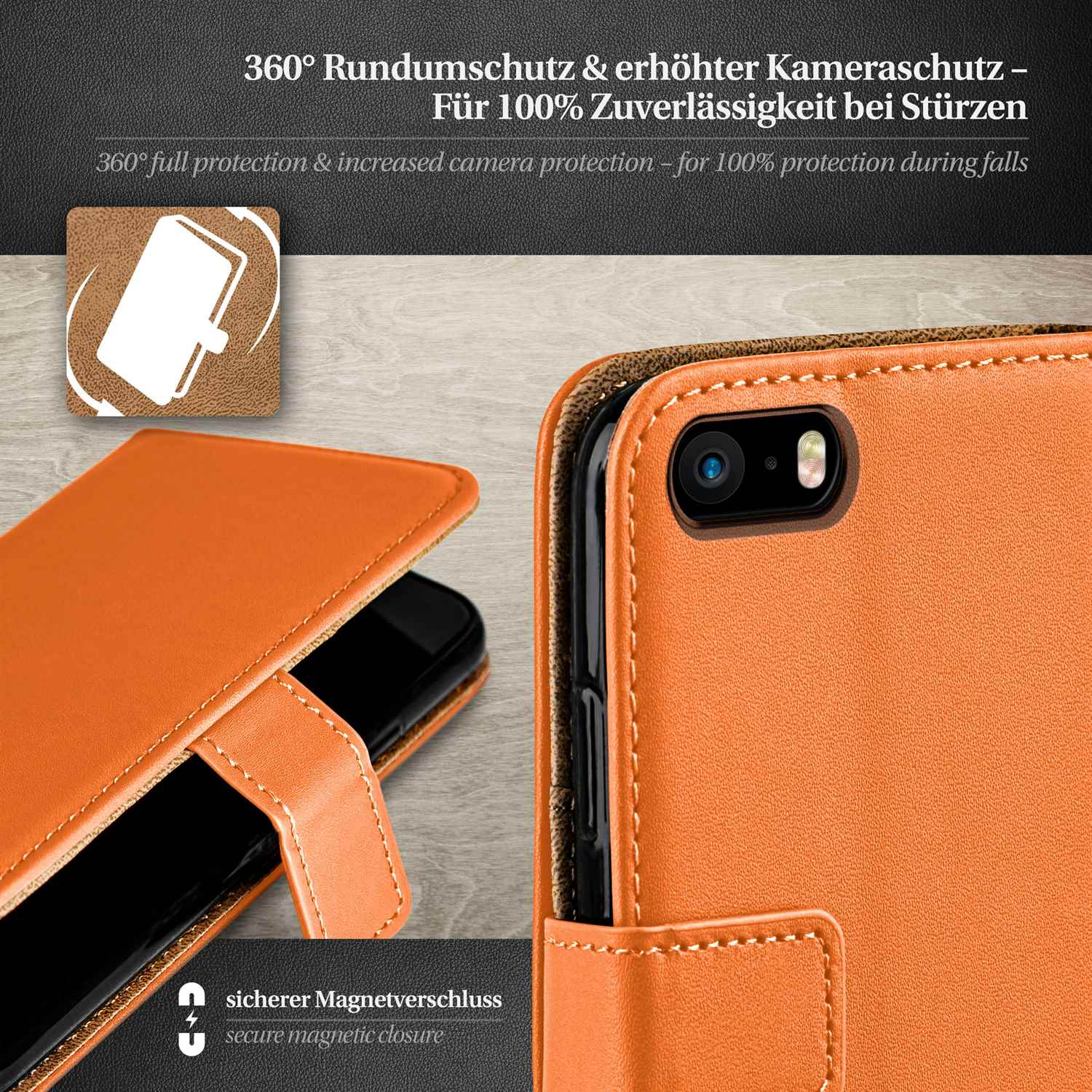Orangefarbene Leder-Handyhülle. Text: 360° Rundumschutz & erhöhter Kameraschutz.