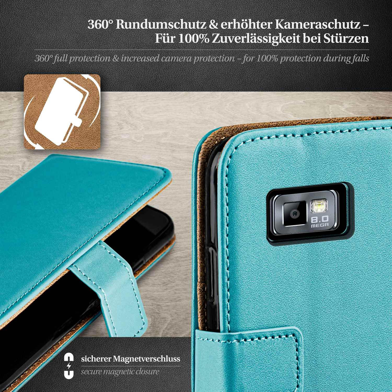 Türkisfarbene Handyhülle geöffnet, Telefon sichtbar. Text: 360° Schutz. Magnetverschluss.