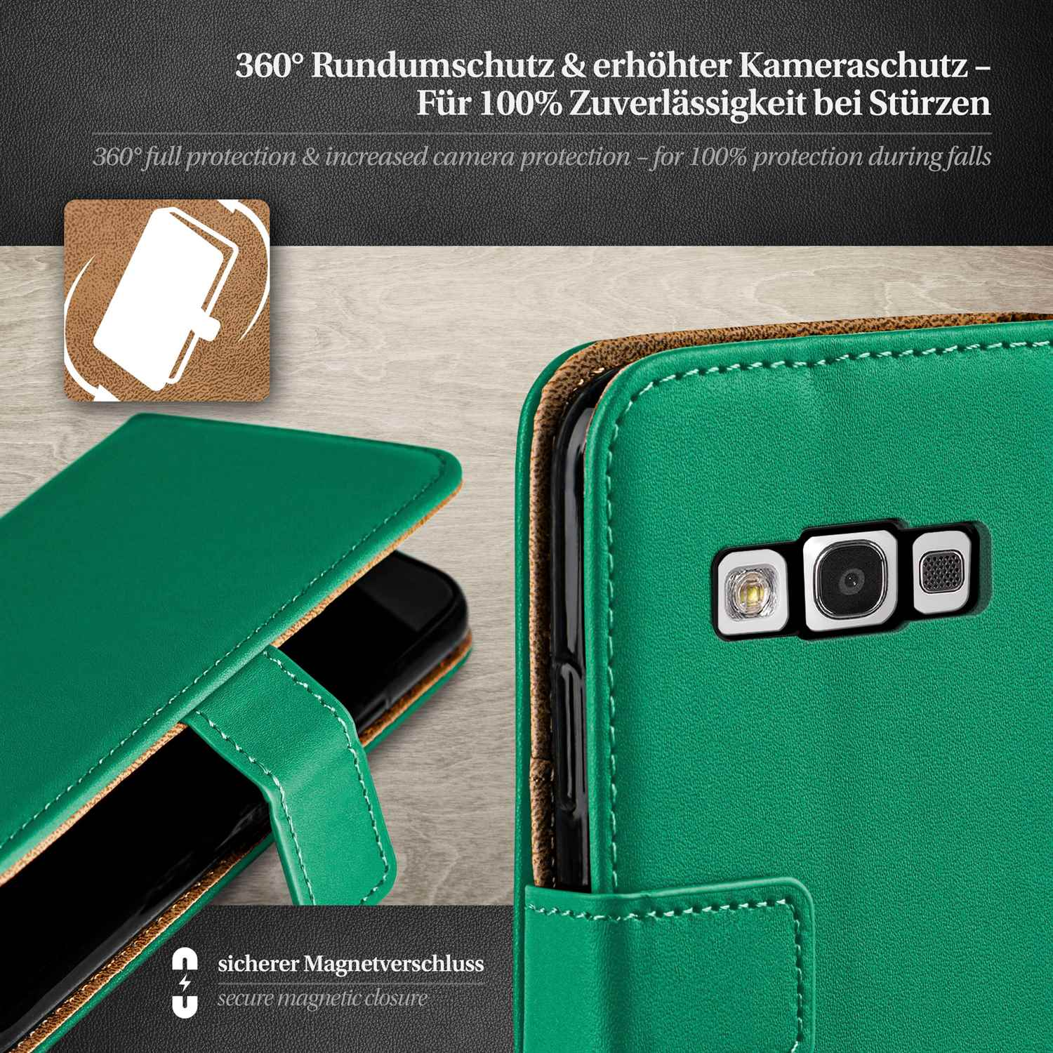 Grüne Handyhülle mit einem Telefon darin. Die Hülle ist geschlossen. Der Hintergrund ist grün.