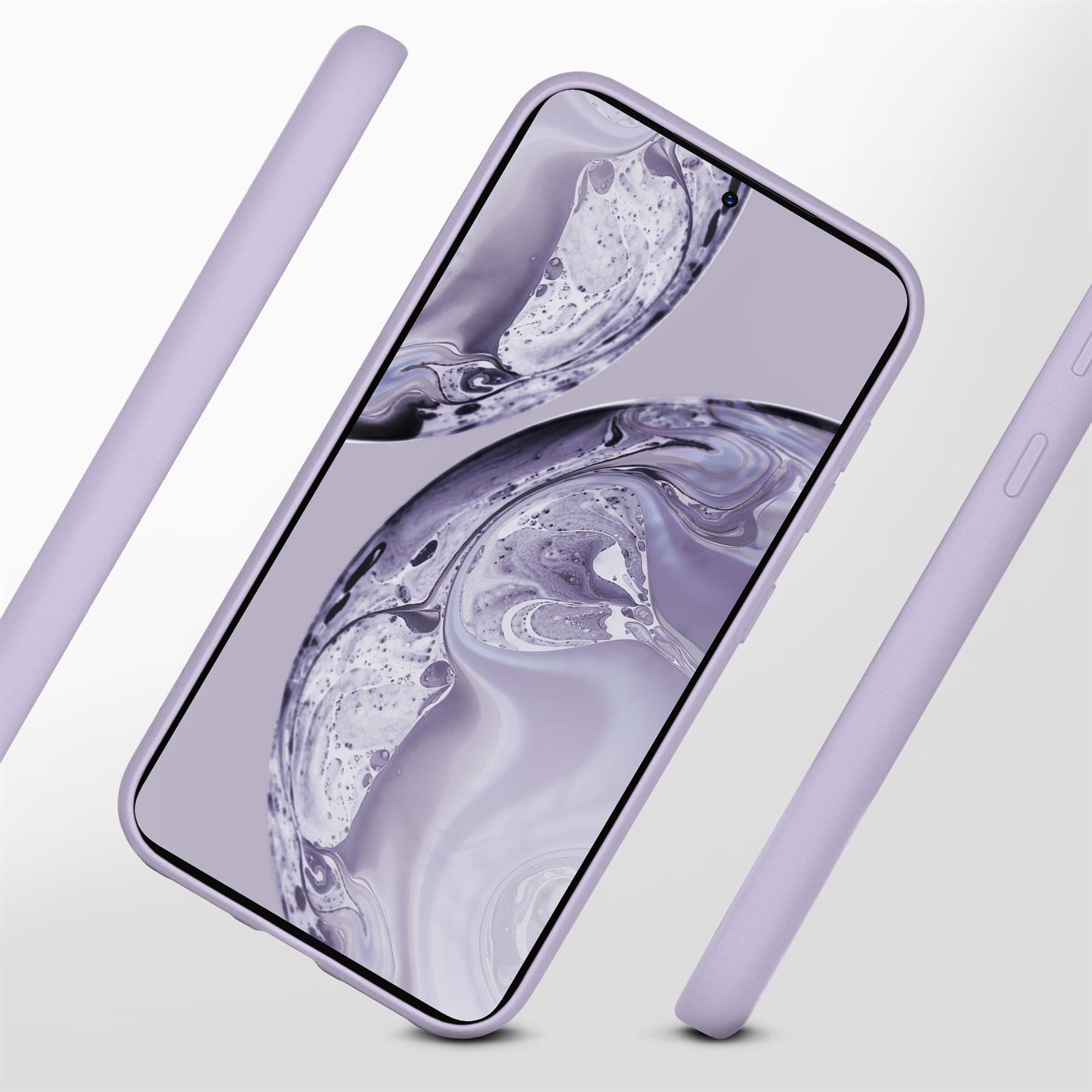 Telefon in lavendelfarbener Hülle. Zeigt drei Teile der Hülle: vorne, hinten und Seite.
