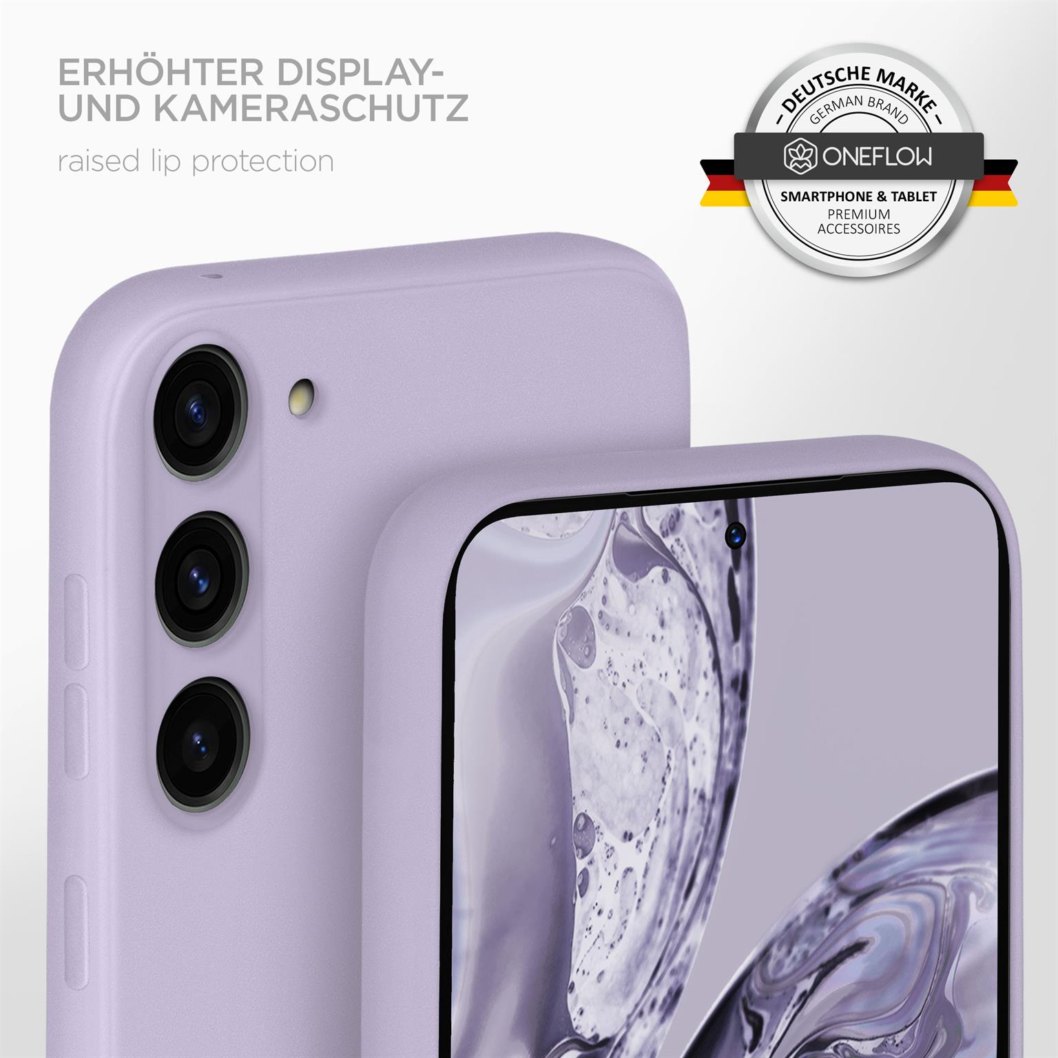 Lila Handyhülle mit Telefon. Text: Erhöhter Lippenschutz. Und ein Markenlogo.